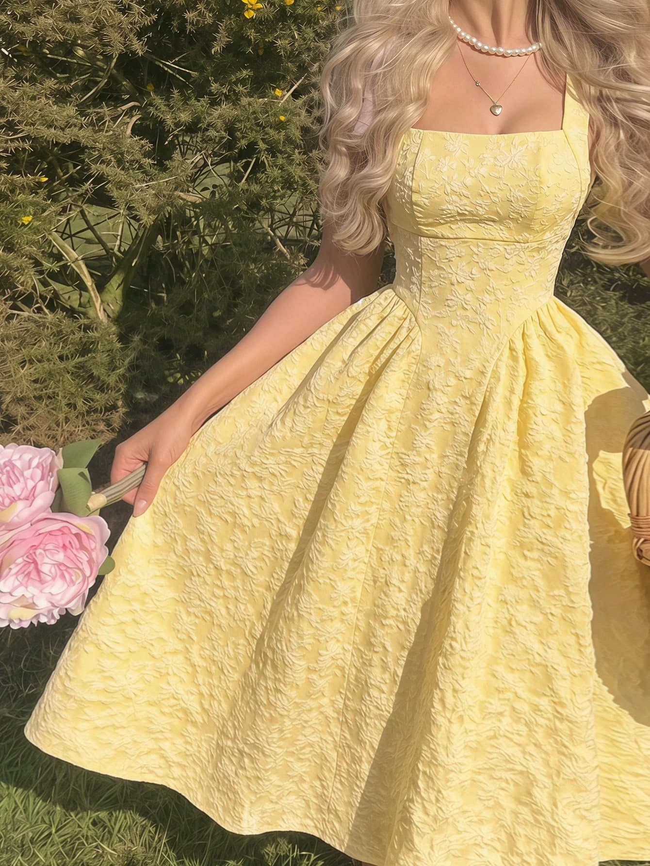Vintamour Yellow,Summer,Elegant,Tea Party Vintage Women's Floral Jacquard Texture Bustier Dress With Pockets For Wedding Guest,Graduation,Formal Occasion