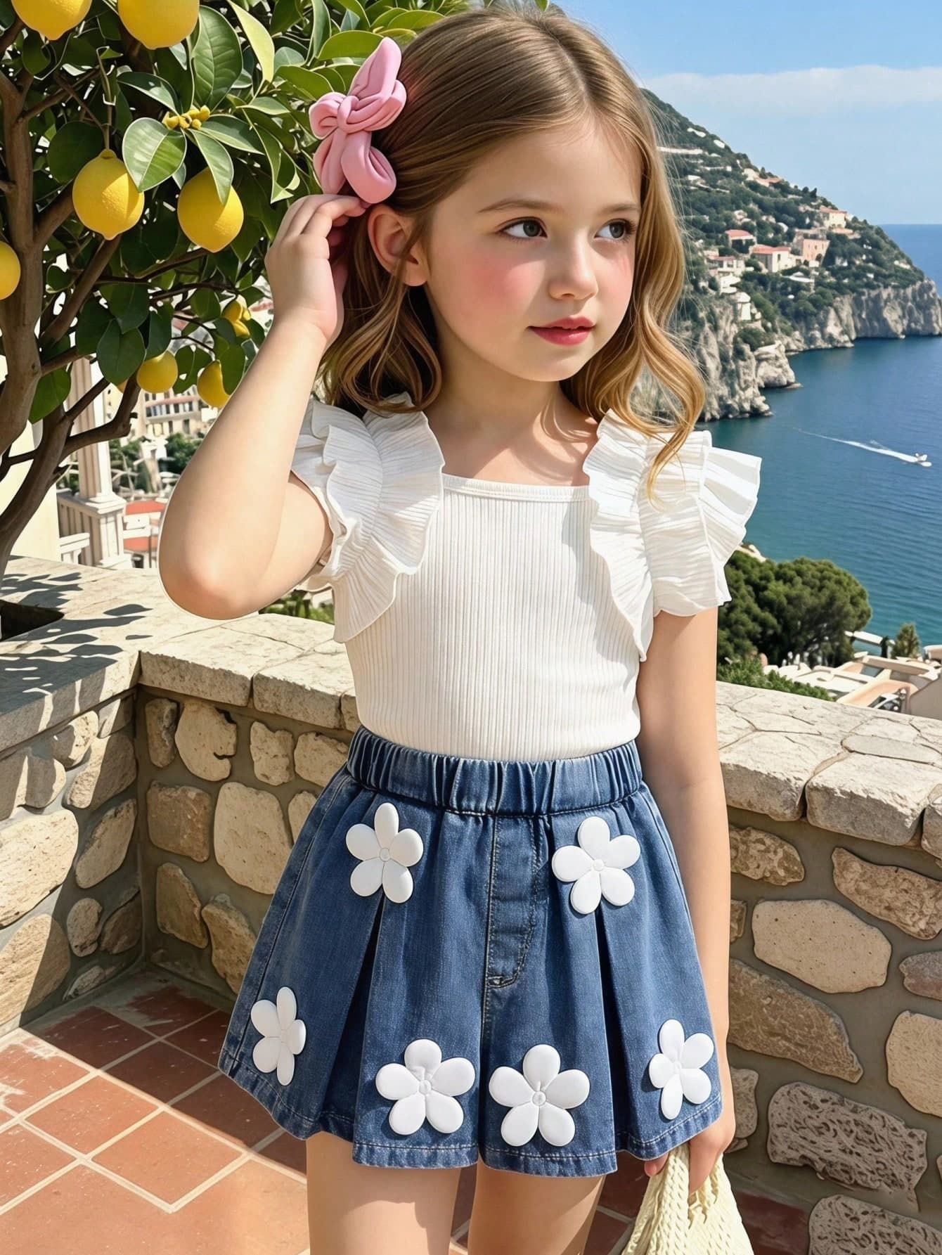 SHEIN Vintaside Kids Two Pieces Sweet And Playful Style Sleeveless Pleated Vest Knitted Pit Stripe T-Shirt Top For Young Children, Paired With Pink Elastic Waisted Shorts, Children's Clothing Set With Exquisite Three-Dimensional Positioning White Flowers, Cute And Fashionable, Suitable For Daily Life In Summer