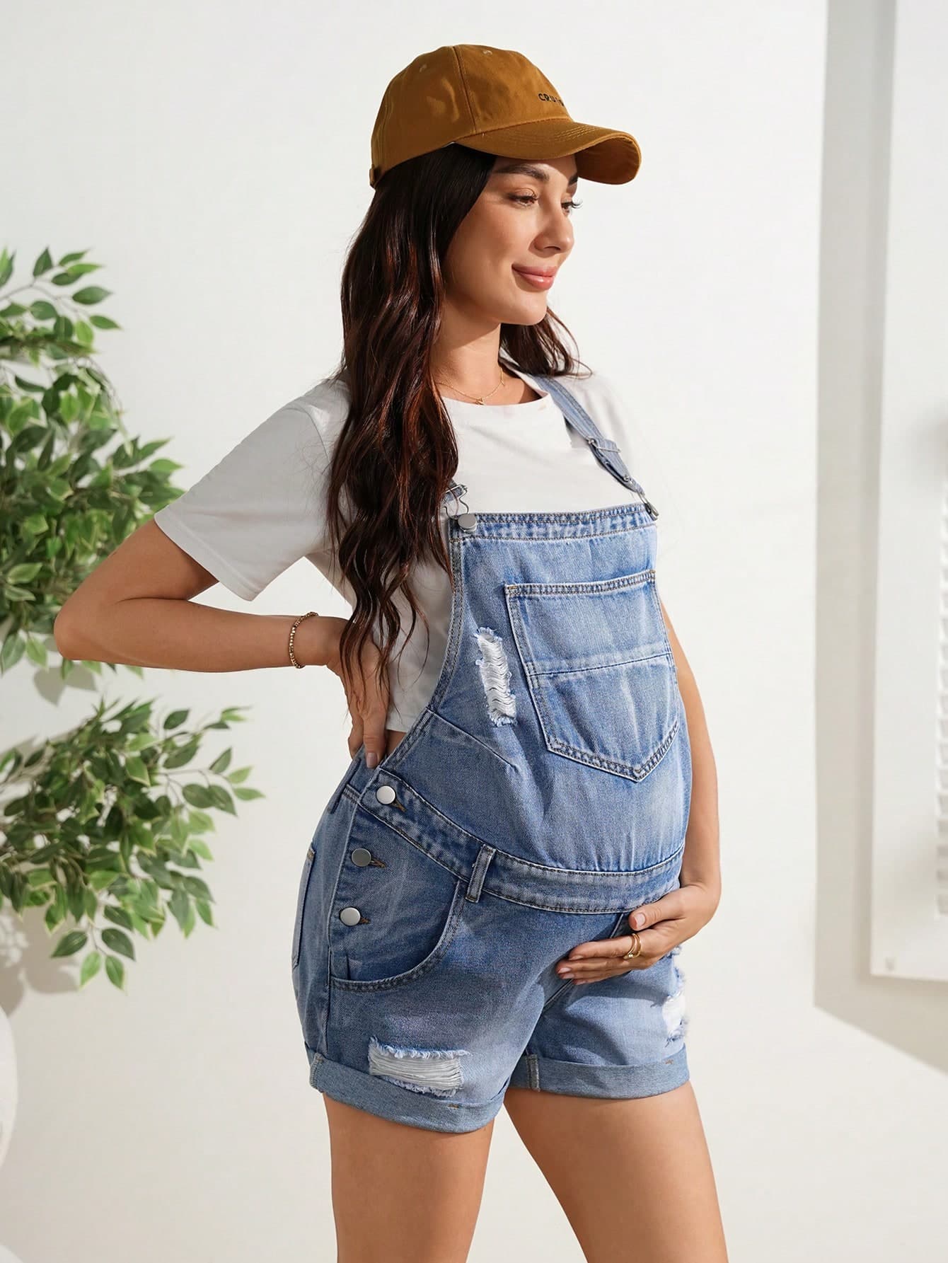 SHEIN Maternity Fashionable Distressed Mid-Blue Washed Denim Bib Pants
