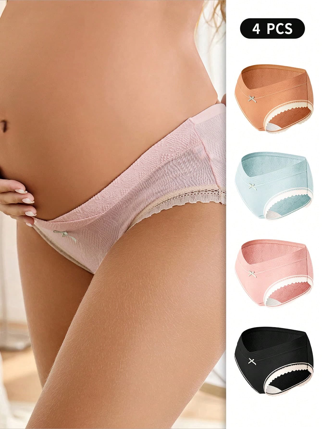Moonlight&Mama 4pcs/Set Women's Low Waist Lace Trim Bow Decor Maternity Underwear