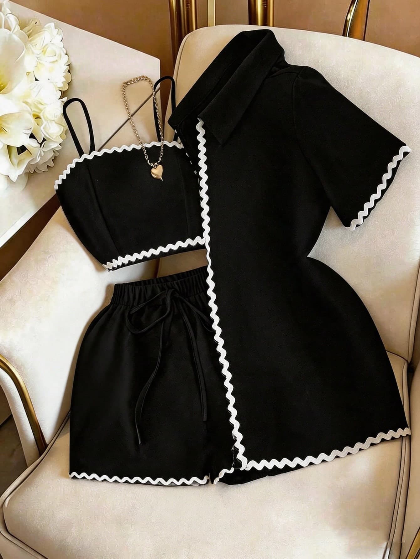Qadelle 3pcs Women Wave Strap Top & Shorts Set: Short Sleeve Jacket, Camisole, And Shorts