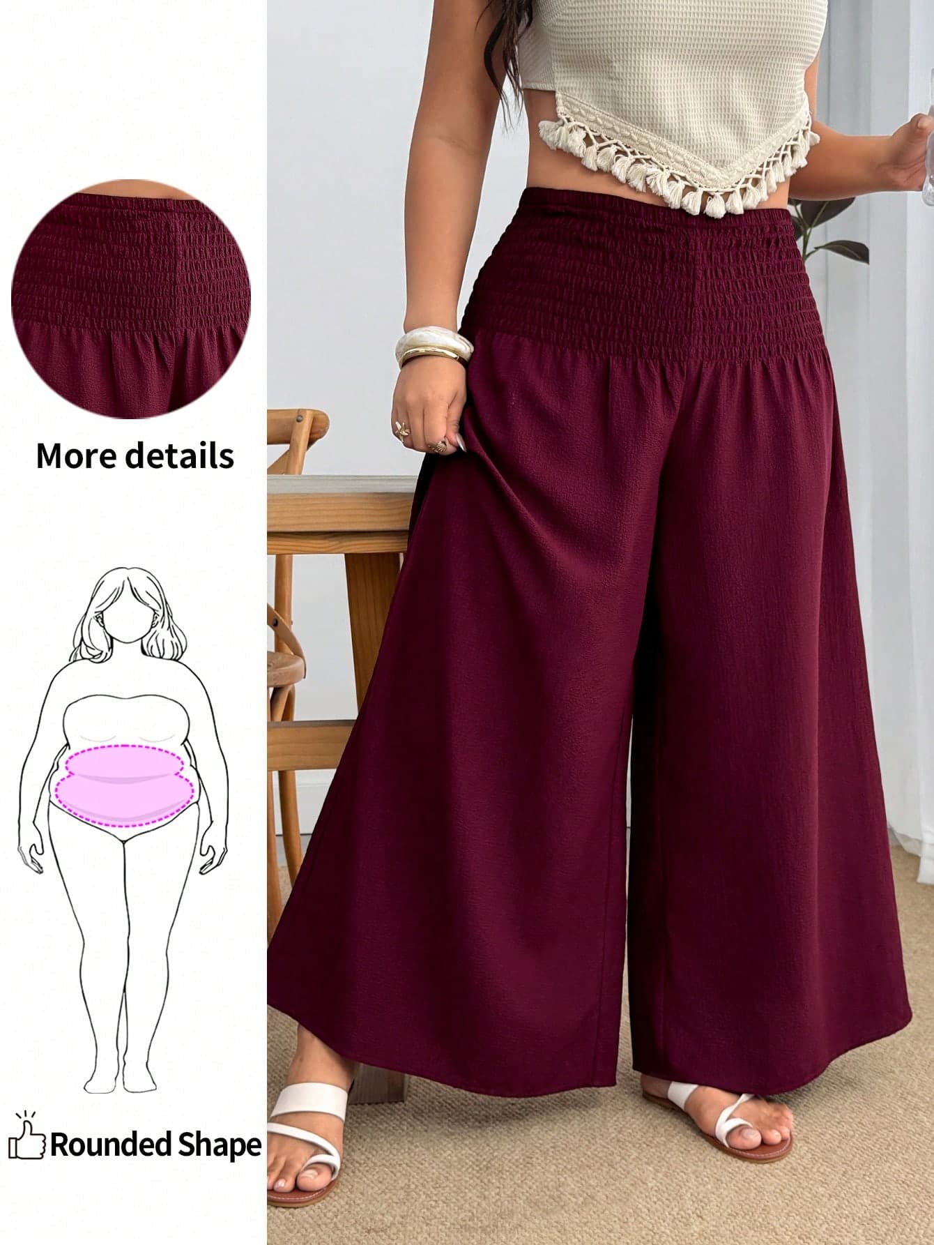 Enliva Plus-Size Women's Pleated Waist Wide-Leg Pants, Casual Stretch Wide-Leg Pants, Purple-Red Wide-Leg Trousers Fall
