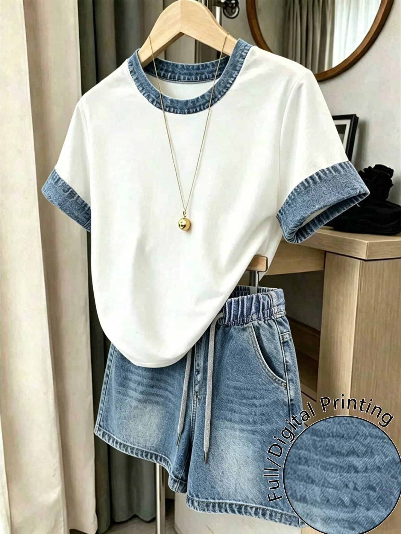 Resyla Women's Fashion Denim Effect Print Contrast Color Round Neck T-Shirt