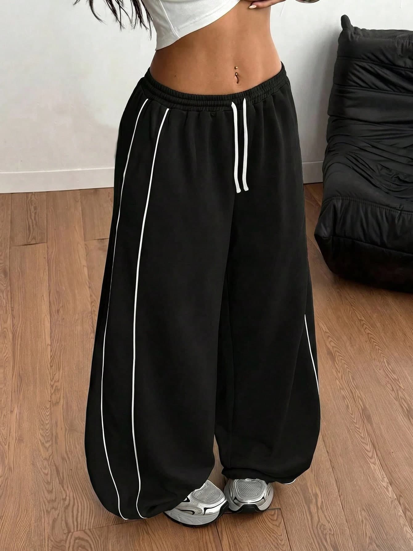 SHEIN Tween Girl/Tween Girls' Casual Drawstring Waist Black Printed Loose Sweatpants, Back-To-School Outfit, Cool Basics, Versatile Daily Wear