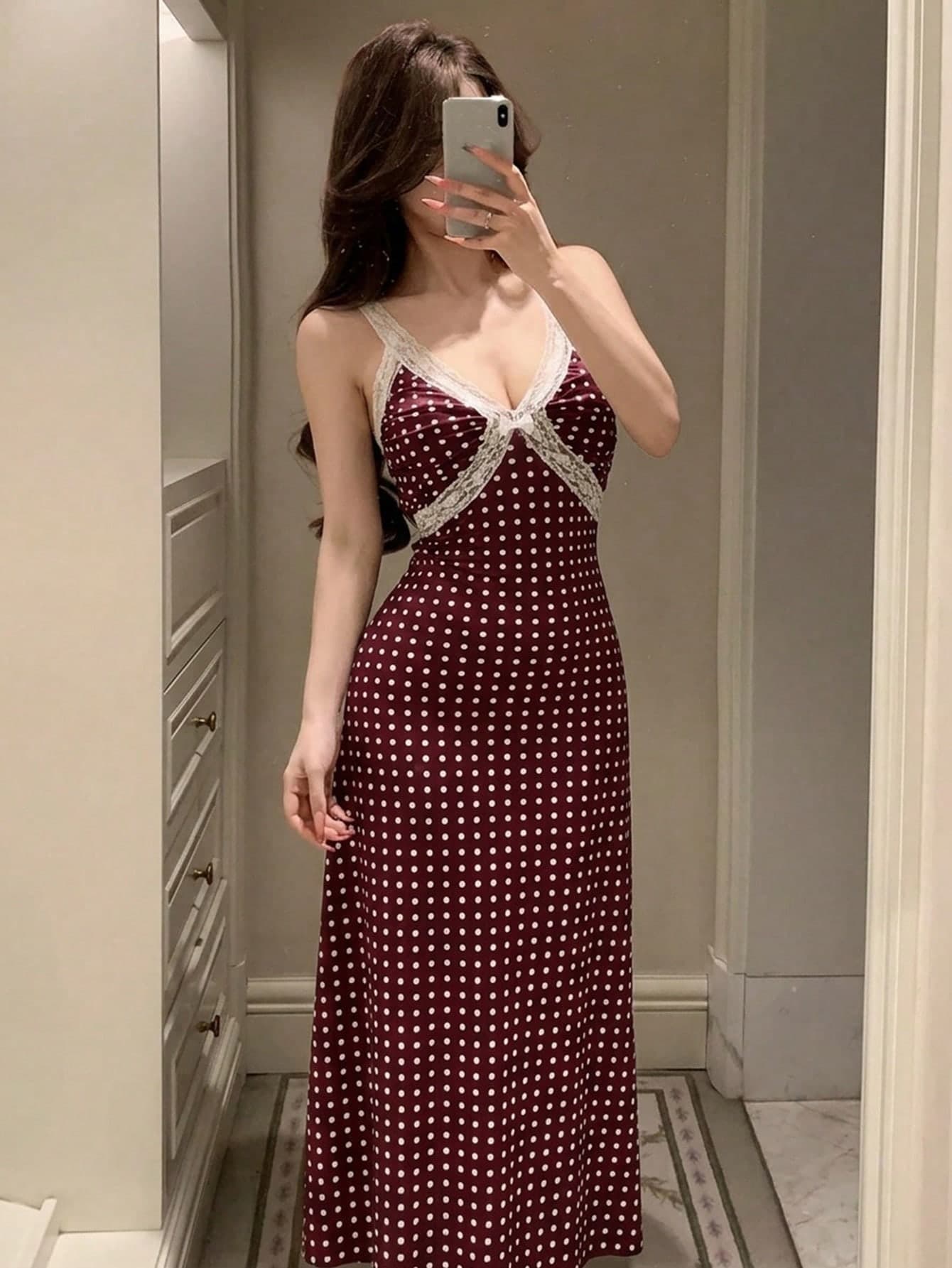 DAZY Summer Polka Dot Print Contrast Color Lace Patchwork Cinched Waist Maxi Nightgown For Women