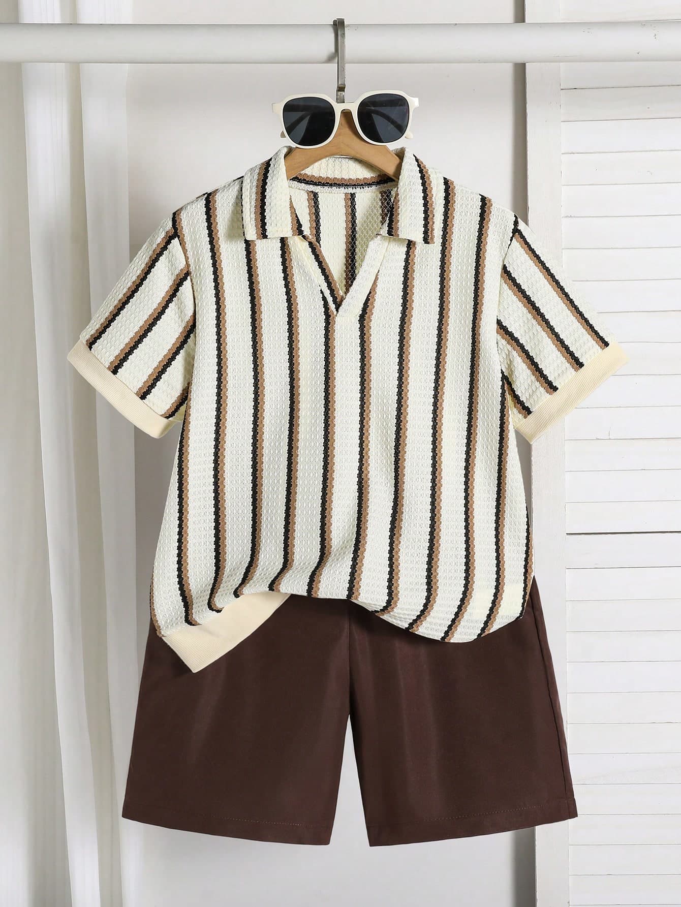 Mirajuku Tween Boy Striped Colorblock Short Sleeve T-Shirt And Shorts Casual Daily Set