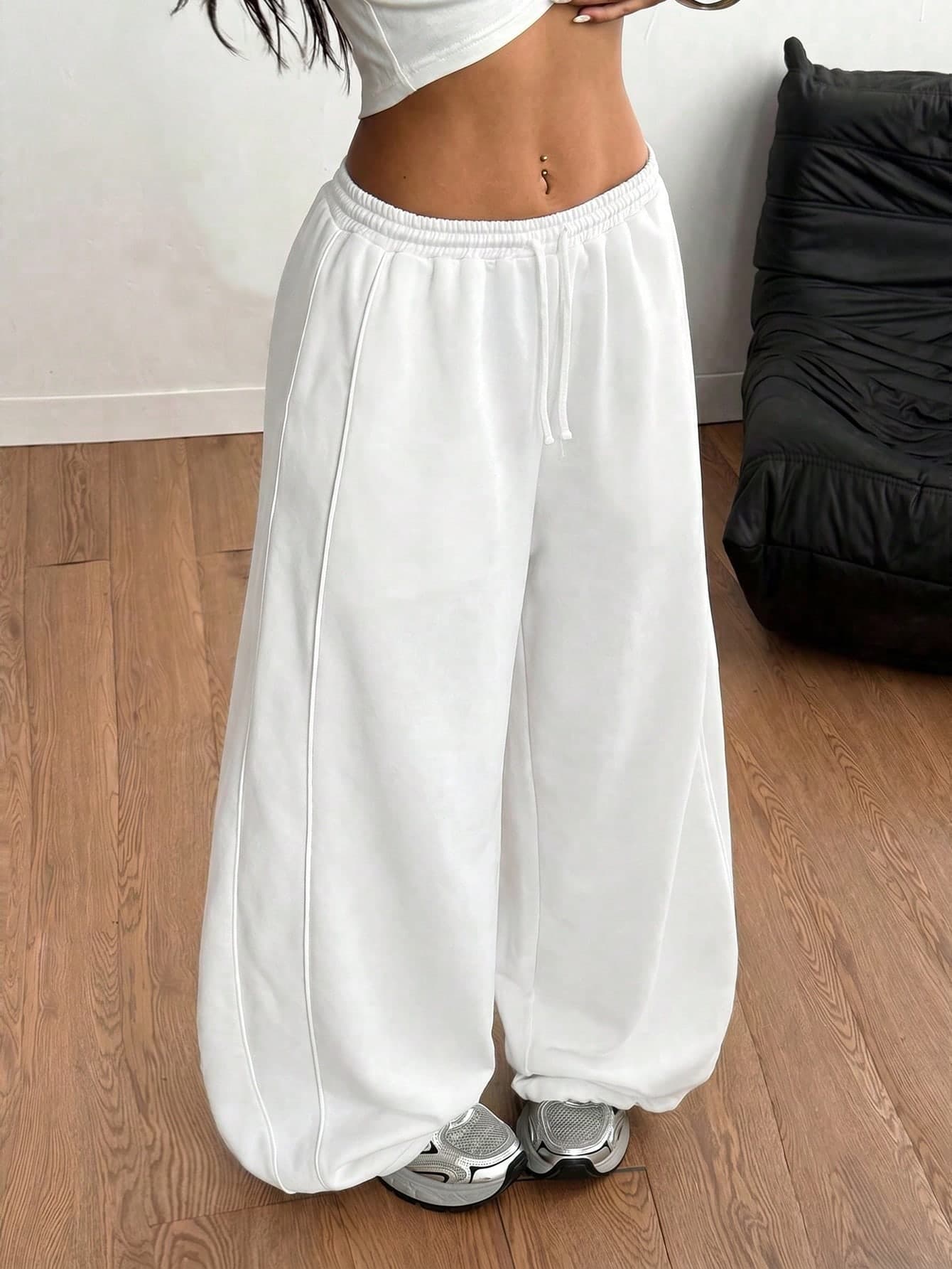 SHEIN Kids Tween Girl Casual Drawstring White Print Loose Sweatpants, Back-To-School Outfit, All-Match, Versatile For Daily Wear