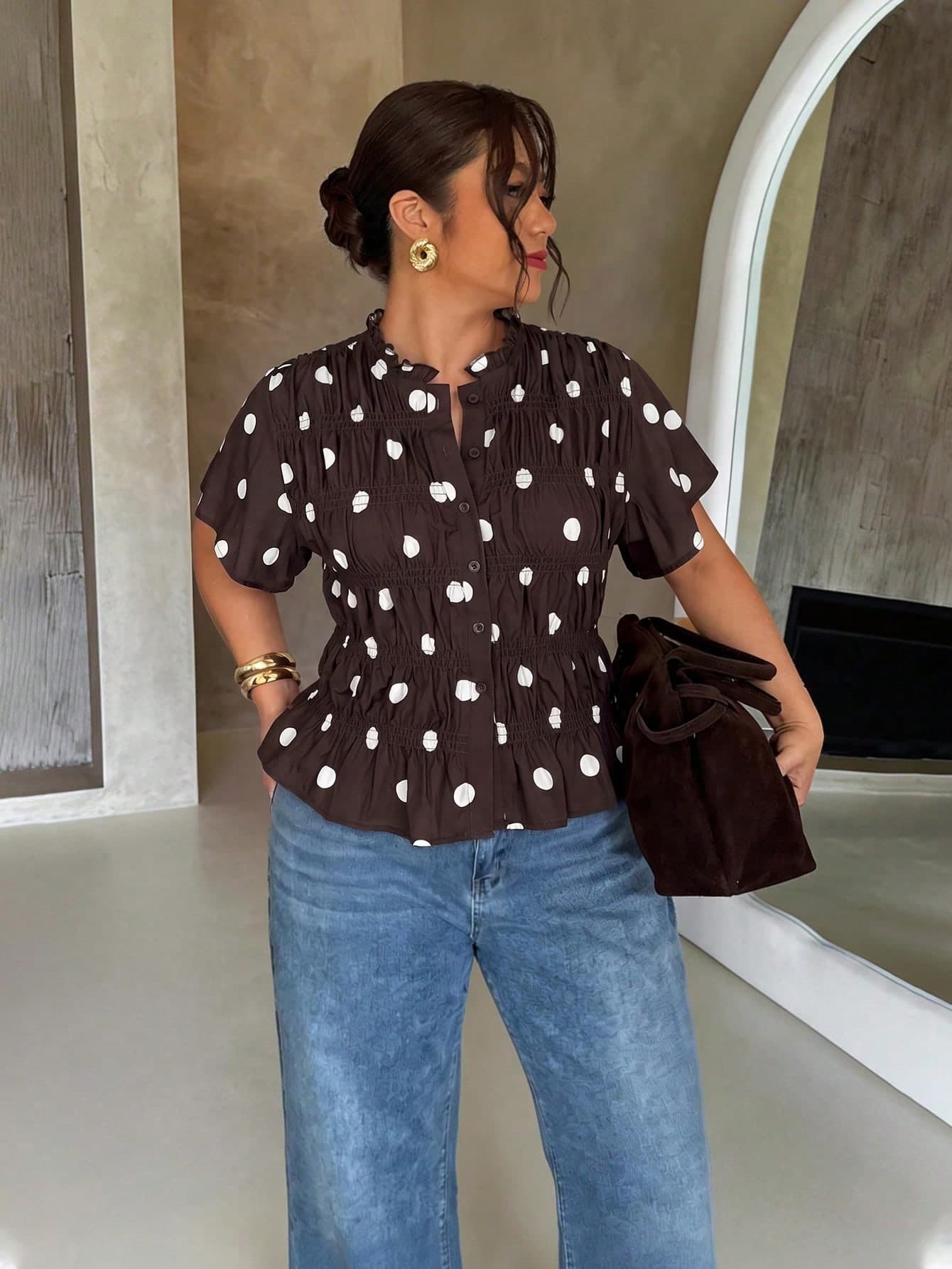 Firerie Plus Size Women's Polka Dot Print Short Sleeve Pleated Casual Blouse