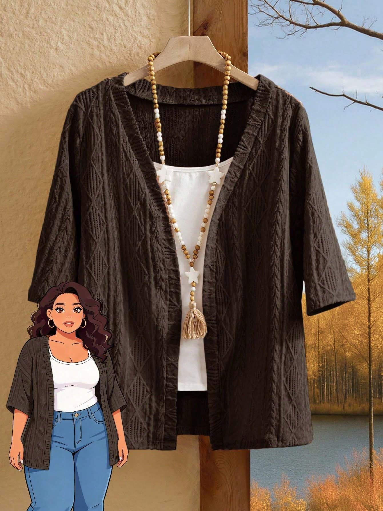 Rusticease Plus Size Women Textured Knit Cardigan, Versatile For Daily Wear Hiking And Travel Brown Summer Casual