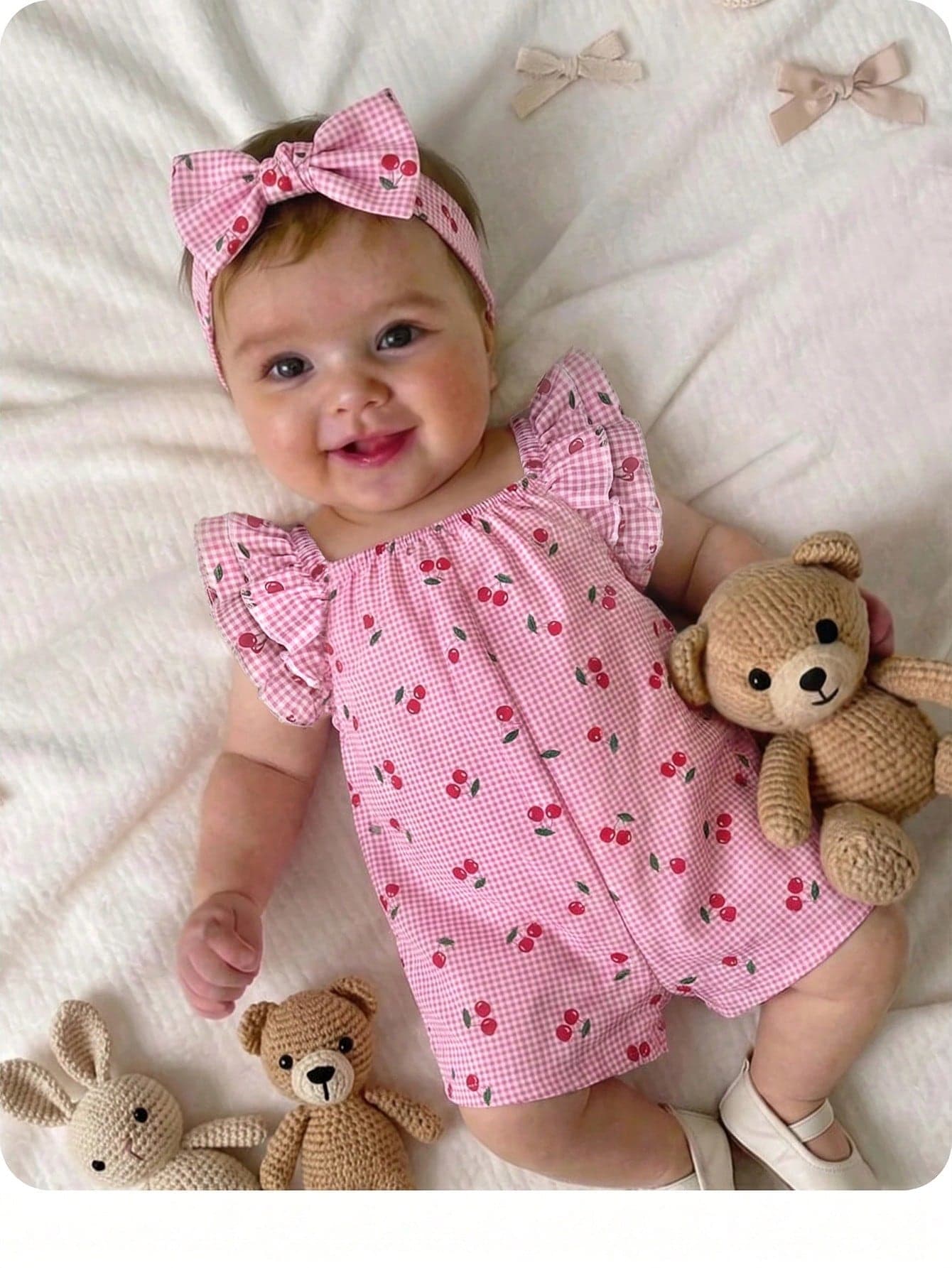 SHEIN Newborn Baby Girl Cute Summer Casual Pink & White Striped Bow Romper