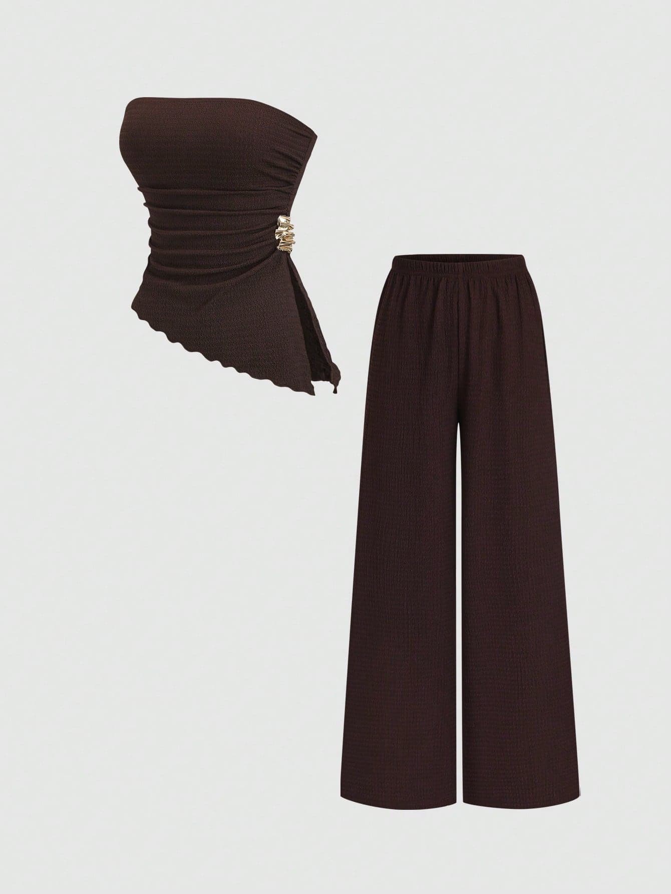 Sweetra Women's Solid Color Metal Decor Ruched Bandeau Top And Pants 2 Pieces Set