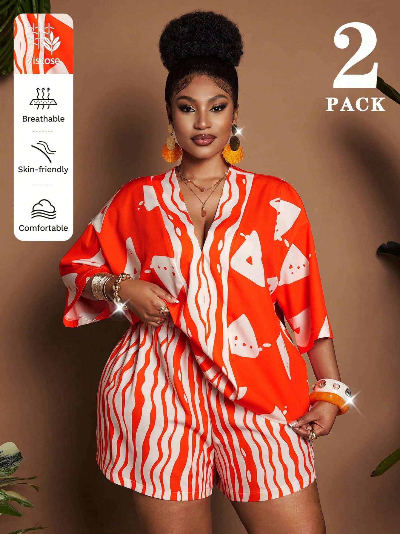 Maweii Plus Size Orange Abstract Print Co-Ord Set, Batwing Sleeve V-Neck Blouse & Elastic Shorts, Casual Resort & Daily Wear