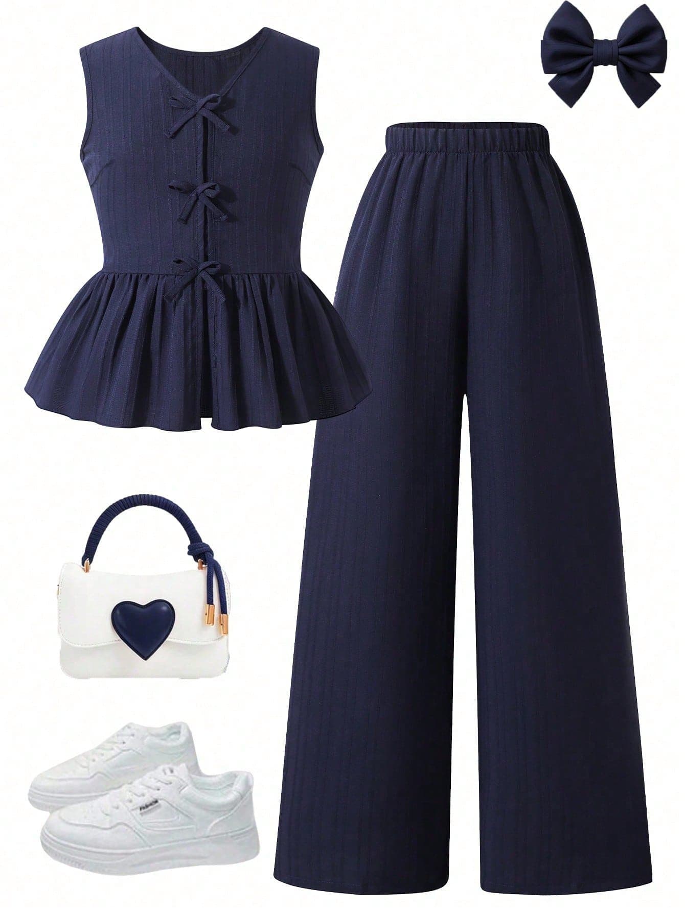Teen Girls' Solid Color V-Neck Sleeveless Bow Decor Ruffle Hem Summer T-Shirt Set