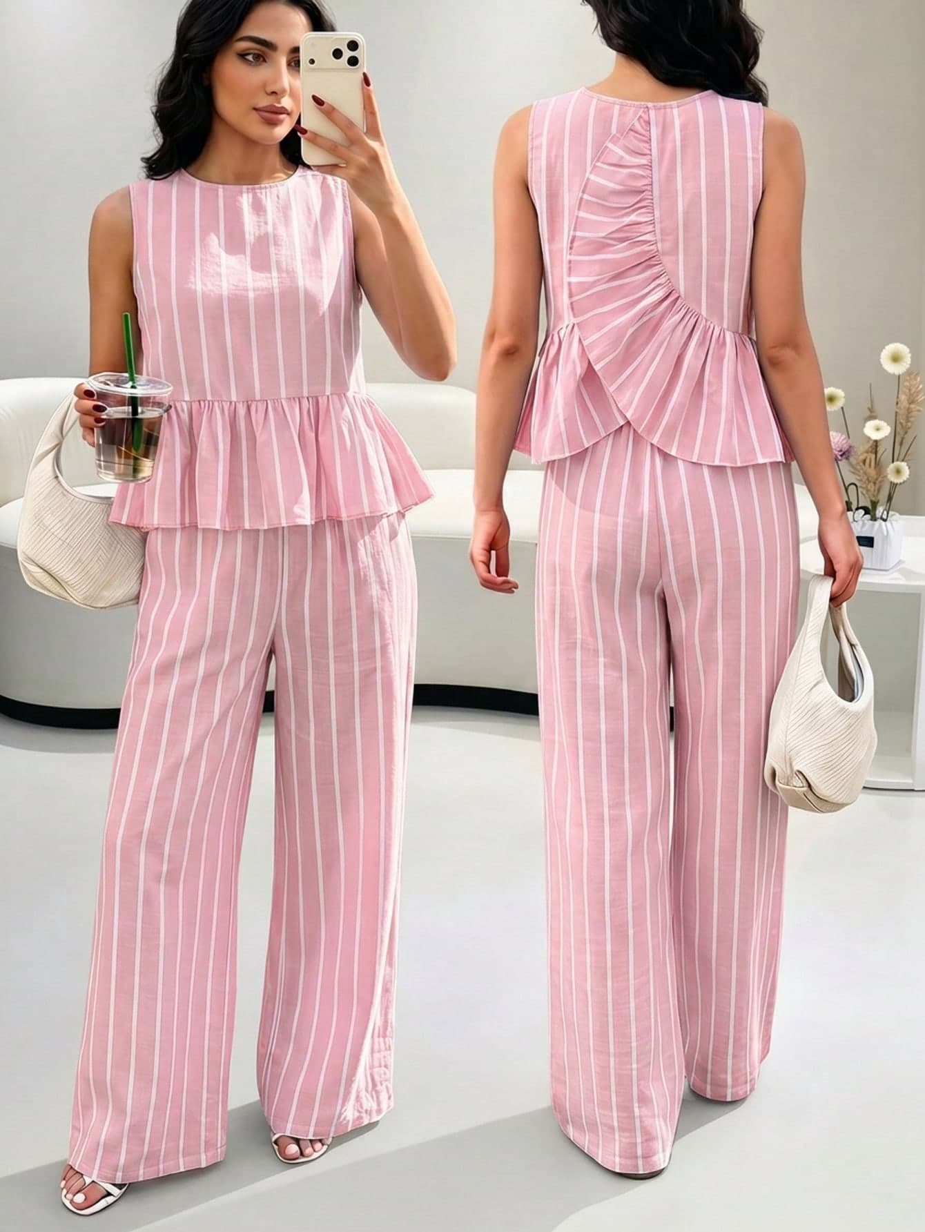 Teen Girl Tween Girls Casual Everyday Comfortable Fitted Striped Round Neck Ruffle Top And Pants Set