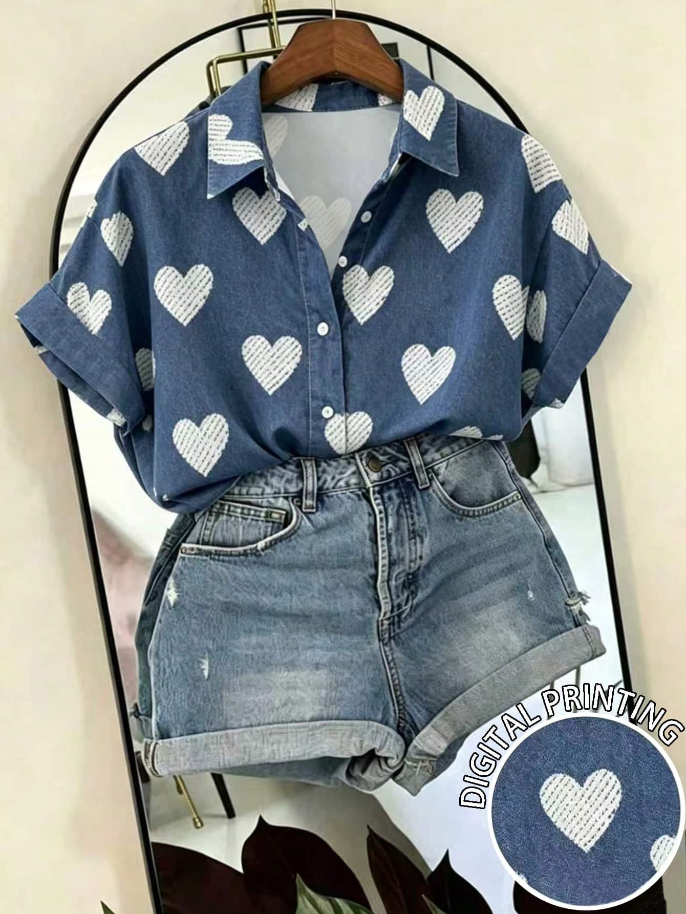 Resyla Women's Heart Print Denim Shirt, Loose Fit Short Sleeve Button Down Blouse,, 2026 New Arrival, Daily Vacation Wear Date Blue And White Summer