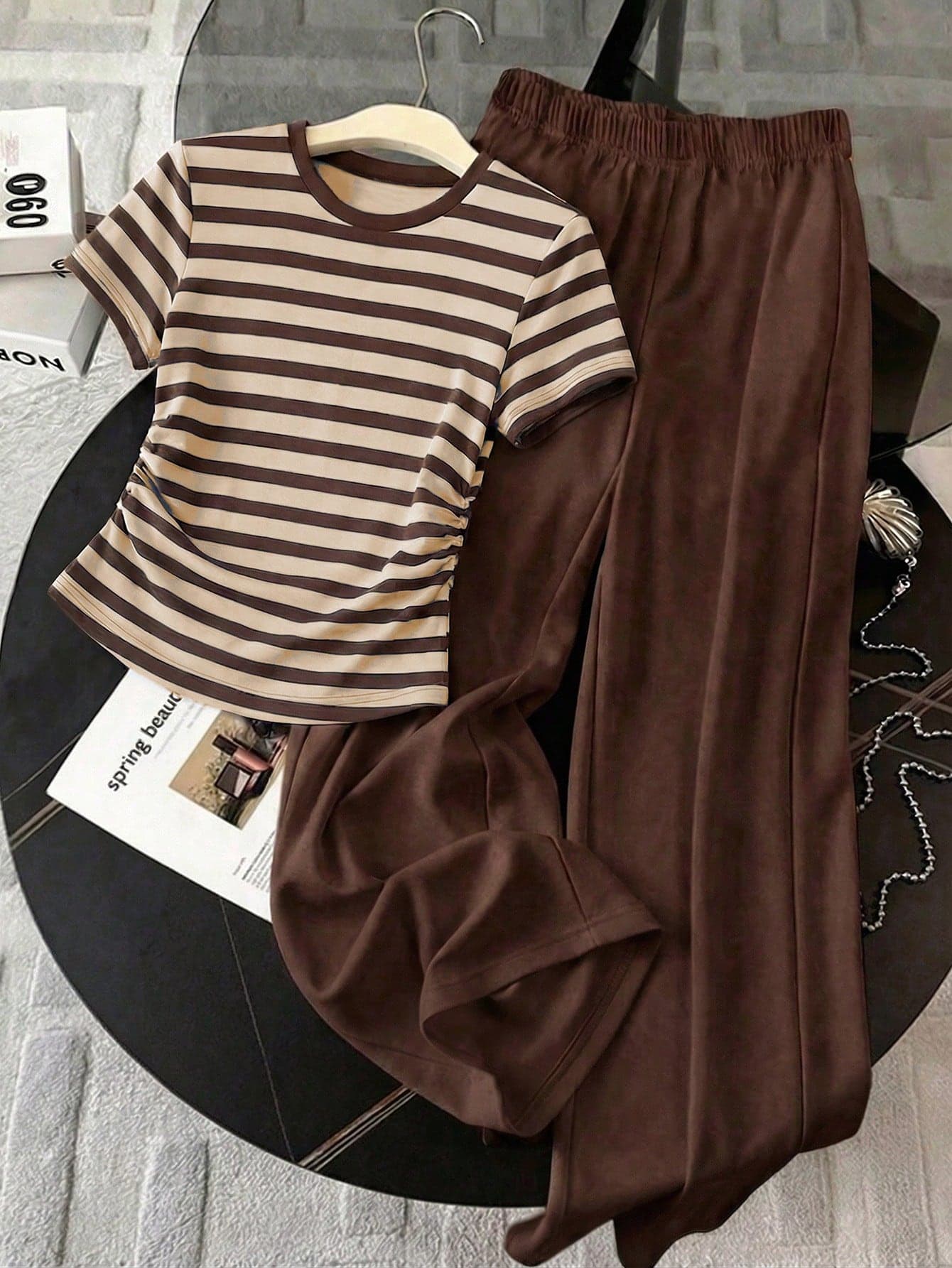 Resyla 2pcs Set: Vintage Casual Basic Striped Print Round Neck Ruched Hem Top + Wide Leg Pants, Coffee & Beige
