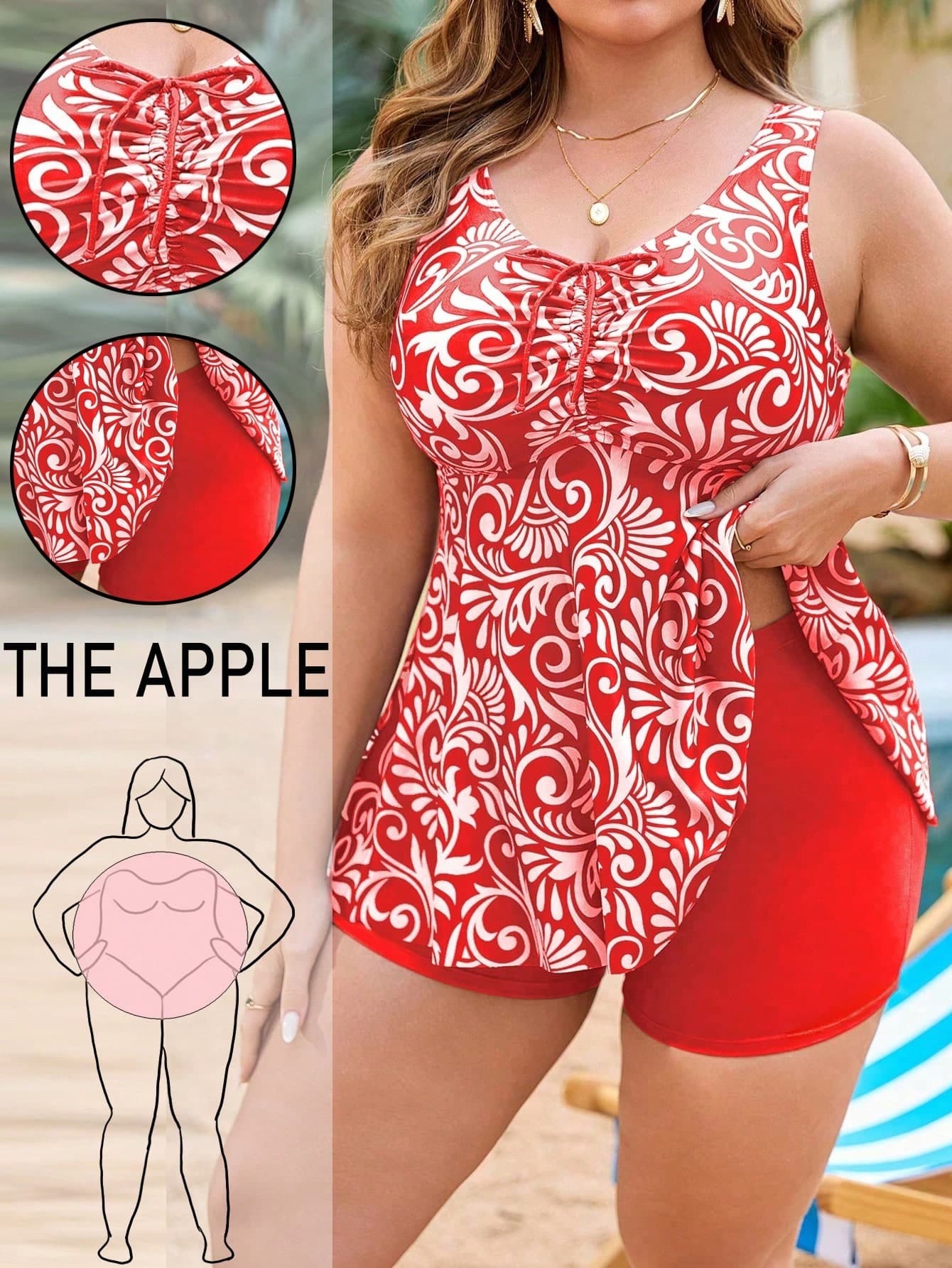 Swim Lushoire Plus Size Women 2pcs/Set Random Print Tankini Top With Front Drawstring, Slimming Simple Beach Swimwear Set