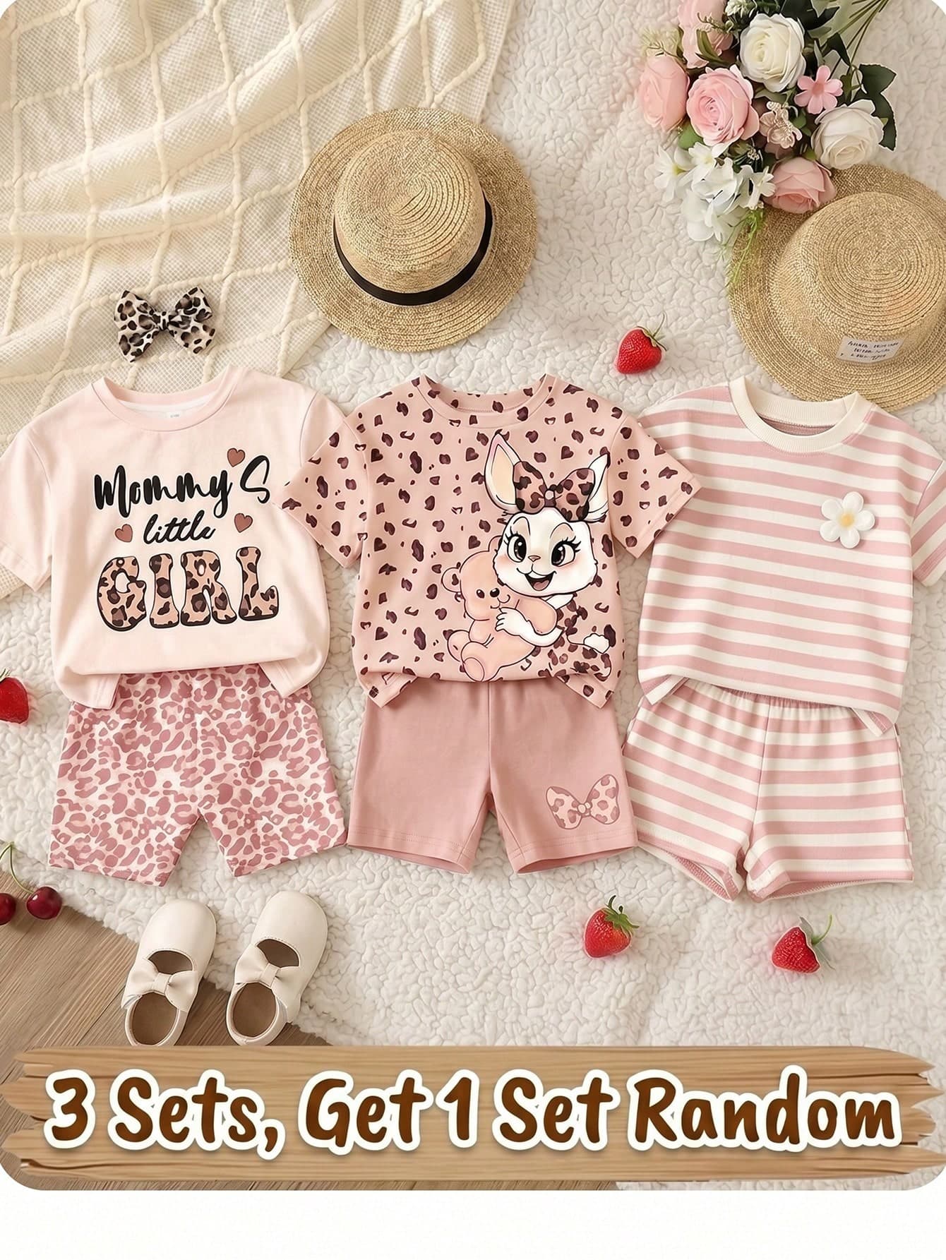 Baby Girl Cute Pink Retro Leopard Print Summer Set,Mama's Little Girl Casual Round Neck Short Sleeve T-Shirt And Skinny Shorts,Family Matching Style