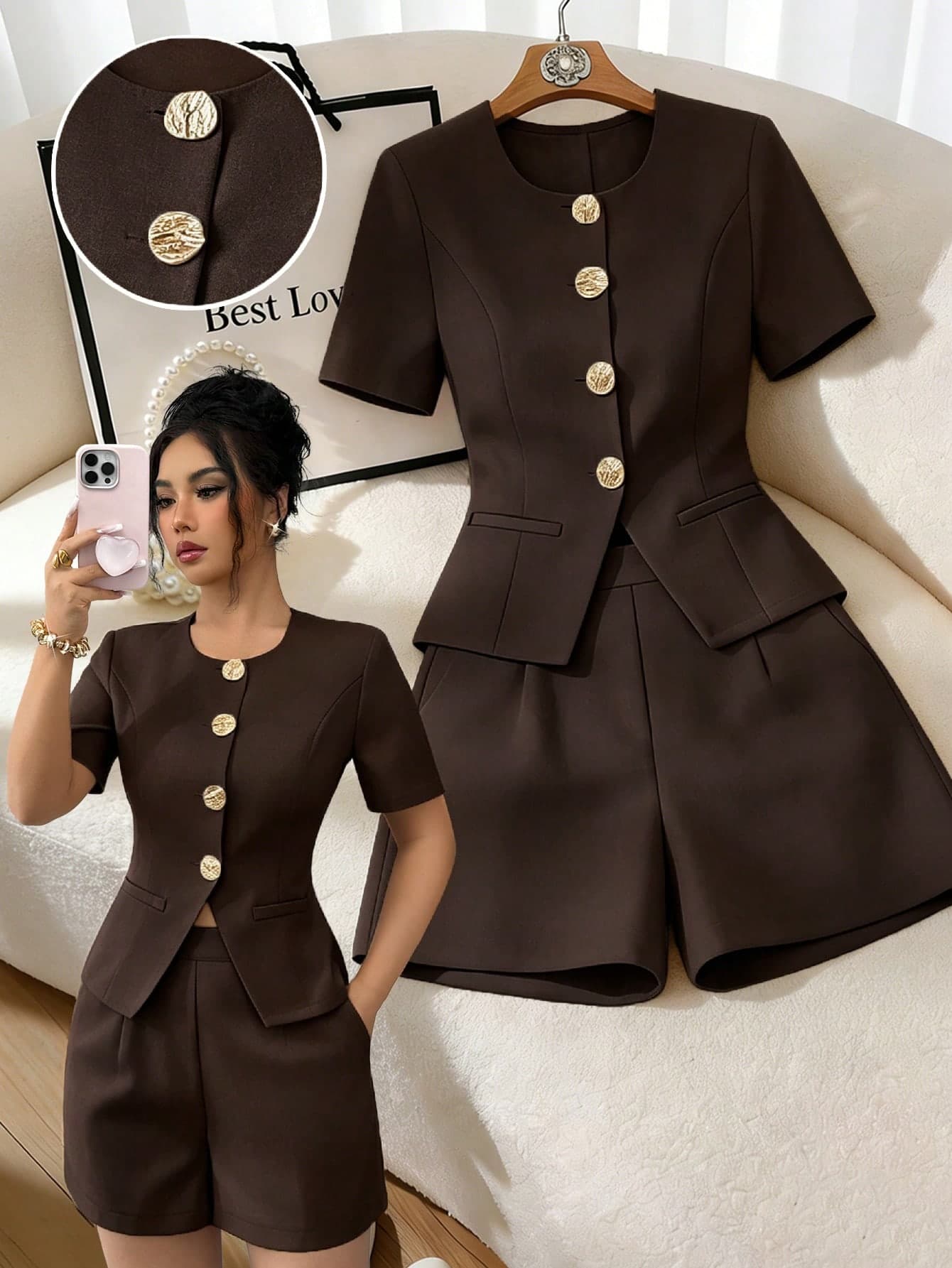 Elenzga Women's Business Office Work Summer Outfit New Carnival Costume Carnival Wear Beach Vacation Beach Set Party Elegant Set Women's Elegant Outfit Summer Holiday Wear Women's Vacation Clothing Women's Casual Set Luxury Women's Party Set Date Guest Beach Seaside Romantic Charm Metal Buckle Khaki 2-Piece Set