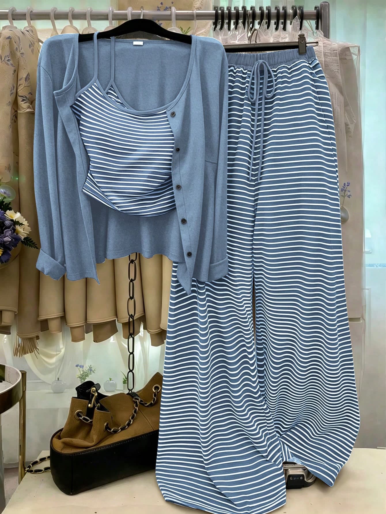 GlowEve CURVE Plus Size Solid Color Knit Cardigan, Front Button Closure, Striped Fitted Drawstring Decor, Elegant Casual Commute Daily Wear Pants Fall