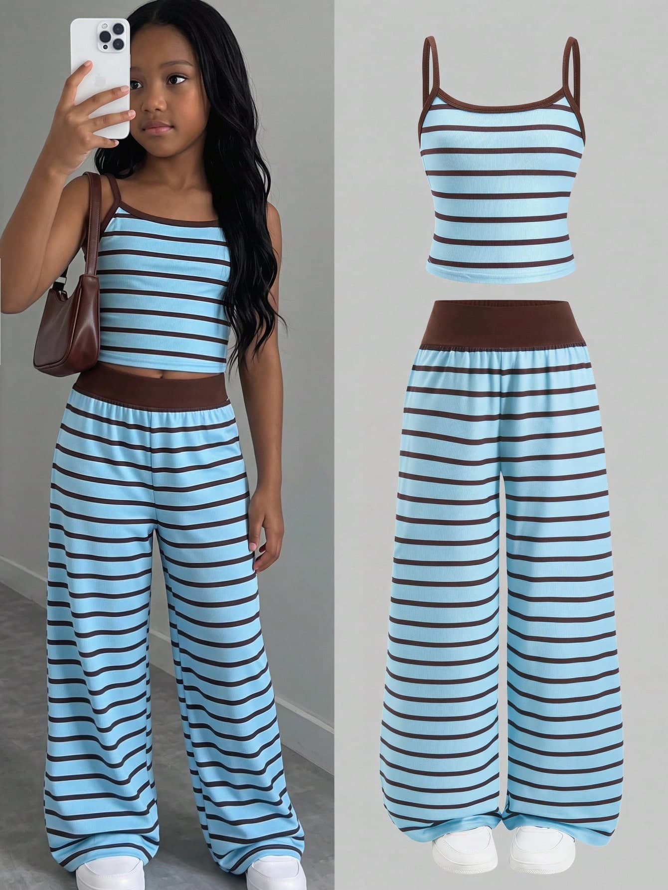 SHEIN Tween Girls Summer New Knit Pink & Brown Striped Camisole And Loose Pants Set