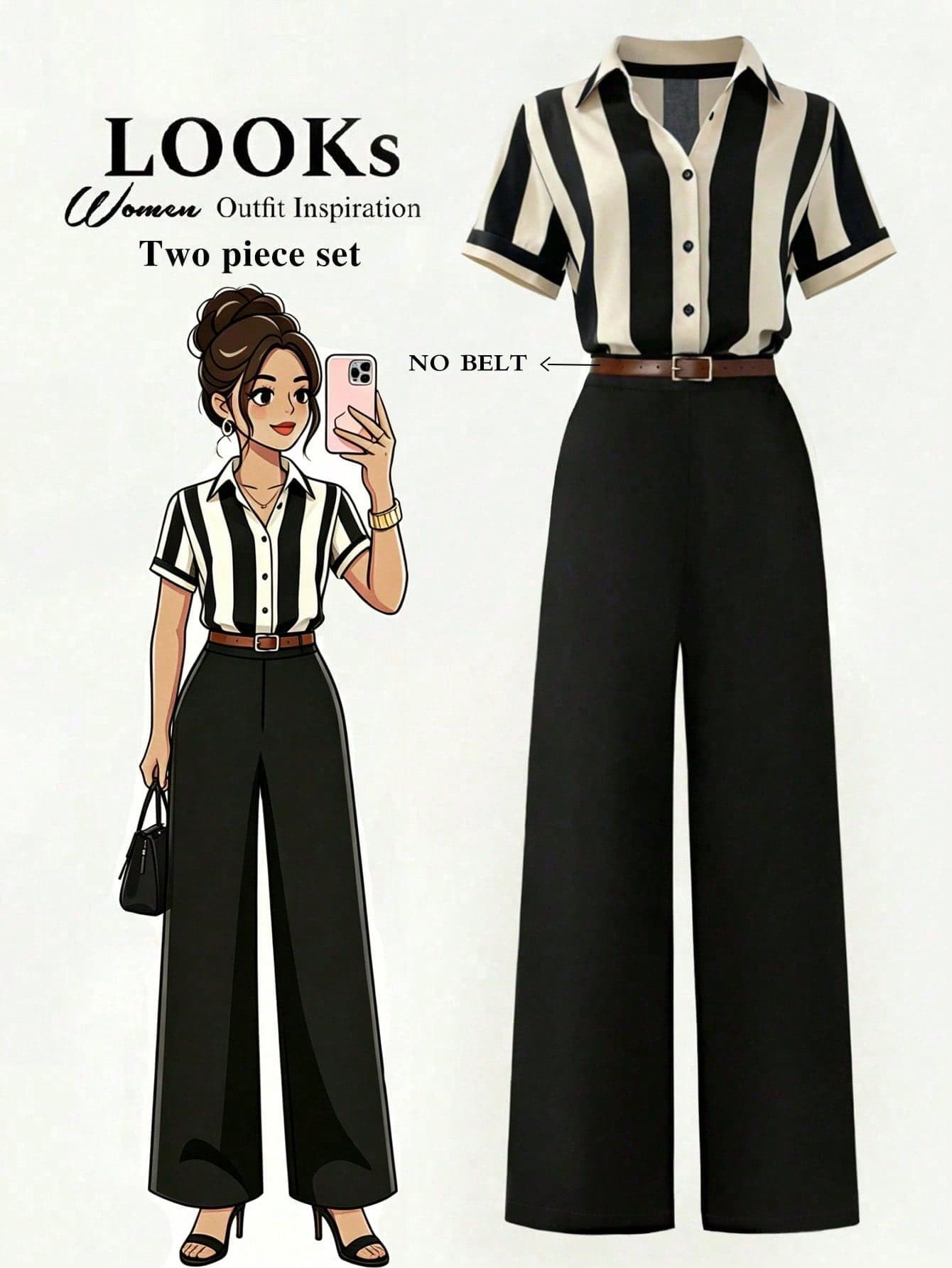 Franclia Women's Striped Shirt Top And Solid Color Straight Leg Pants 2 Pieces Set,Black Summer Casual Office Fashion Outfit,Business Work Retro Two Pieces Set