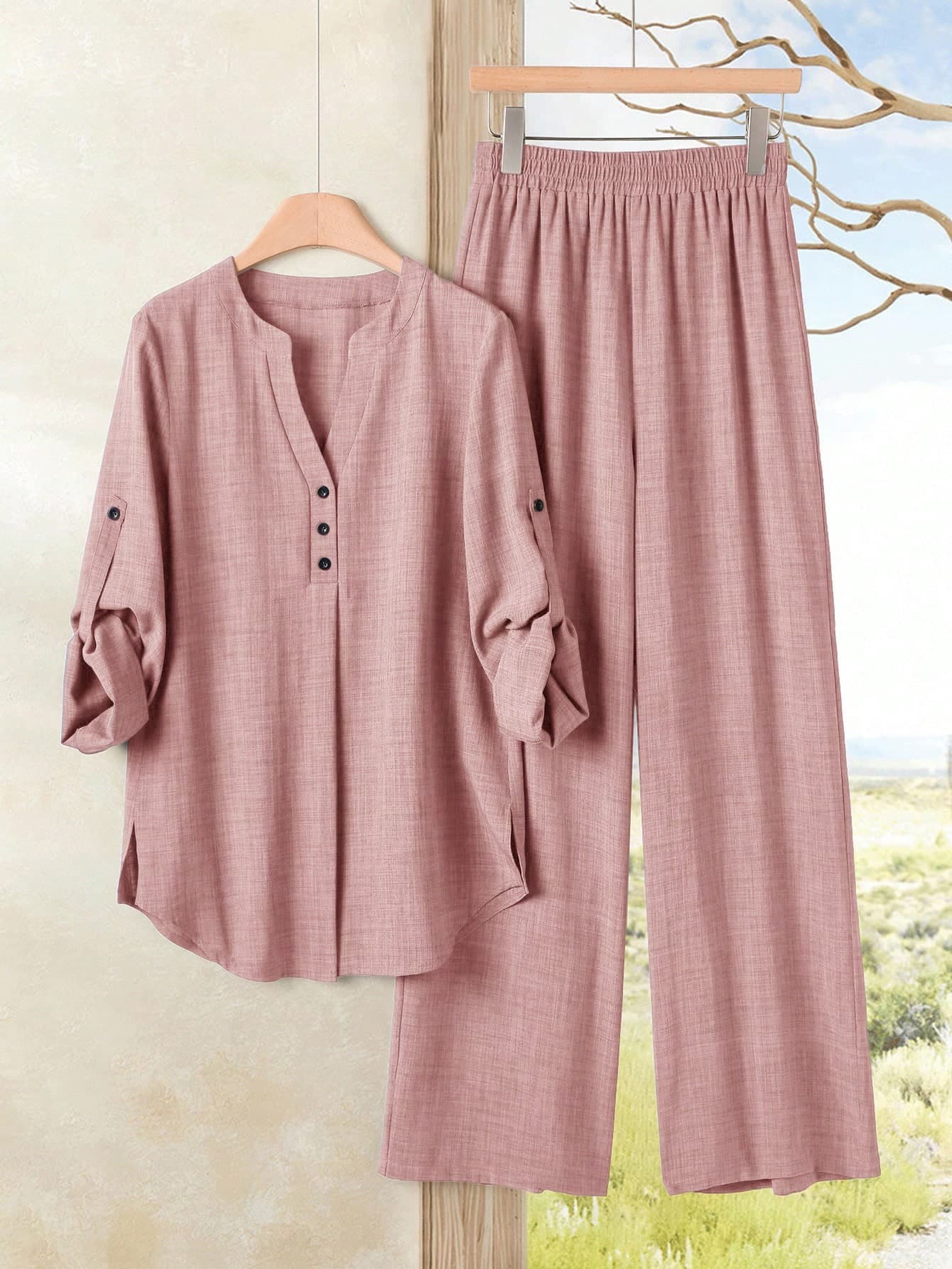 Rusticease Women's Solid Color Front Button Long Sleeve Top And Long Pants