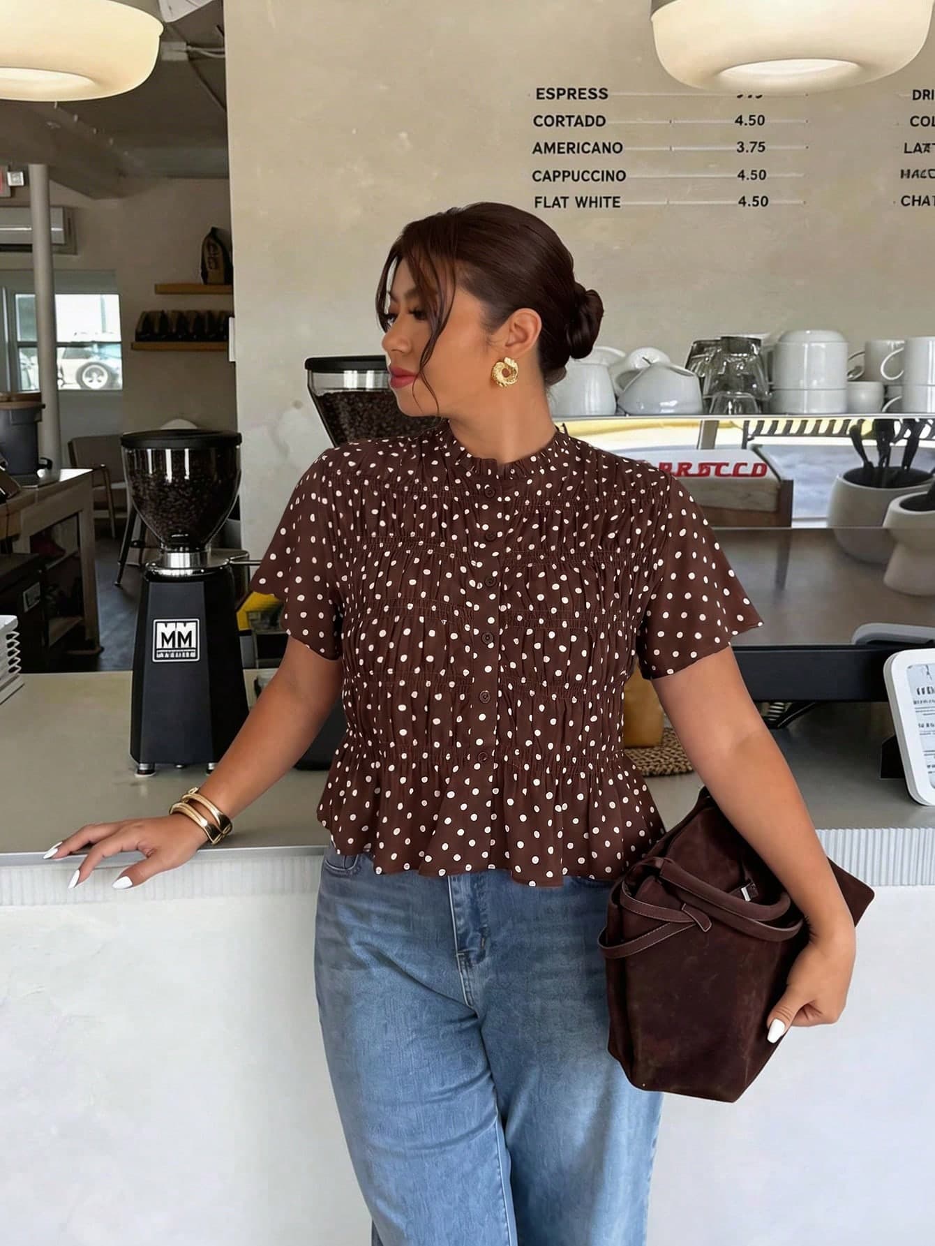 Firerie Plus Size Ruffle Hem Polka Dot Casual 90s Women's Blouse Brunch Office Formal Brown Summer