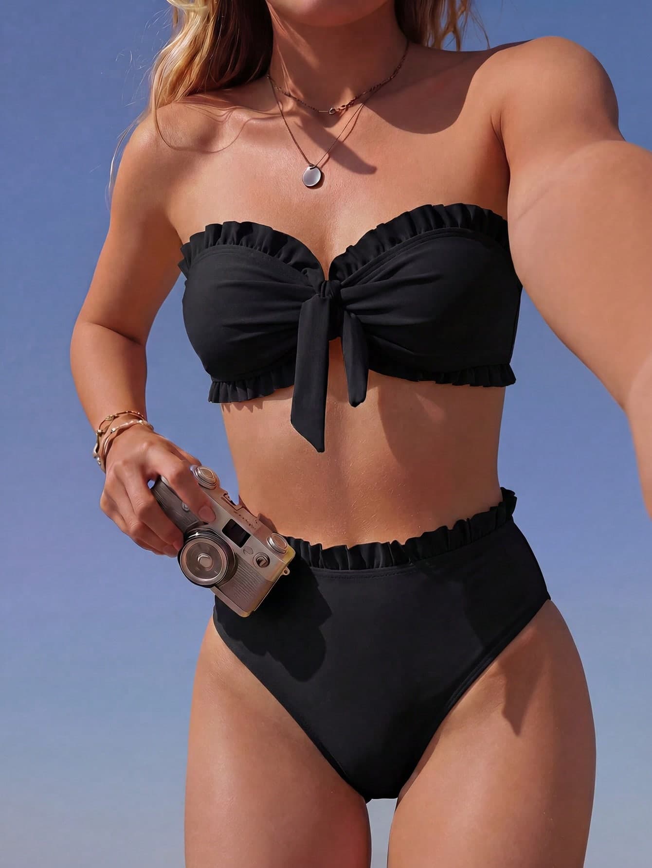 Swim Mod Women's Summer Beach Solid Color Ruffle Trim Bandeau Bikini Set With Front Knot, Two Pieces Swimwear Black Bathing Suits