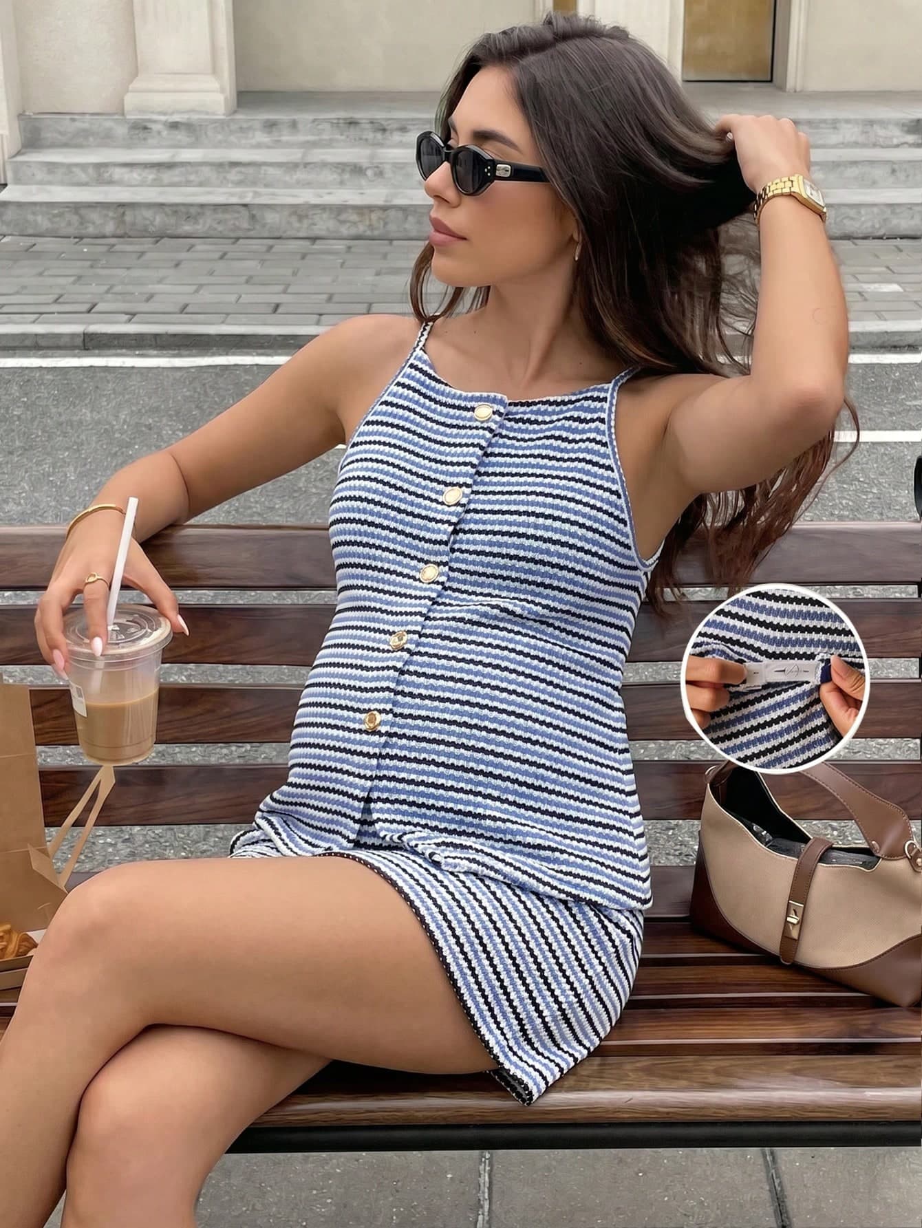MaterniWear Maternity Striped Button-Up Tank Top And Adjustable Waist Shorts 2 Pieces Set Beach Summer