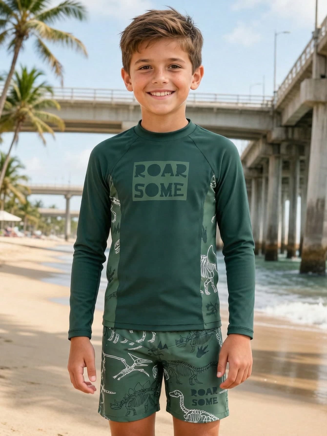 SHEIN Plus Size Boys' Dinosaur Print Long Sleeve Swimsuit Set, Suitable For Beach, Vacation, Play, And Summer