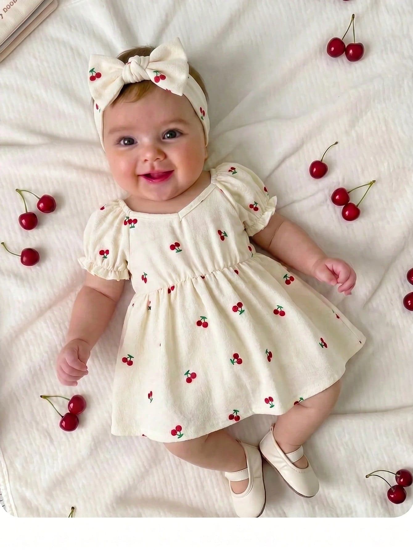 SHEIN Newborn Baby Girl Casual Cute Cherry Print Short Sleeve Dress