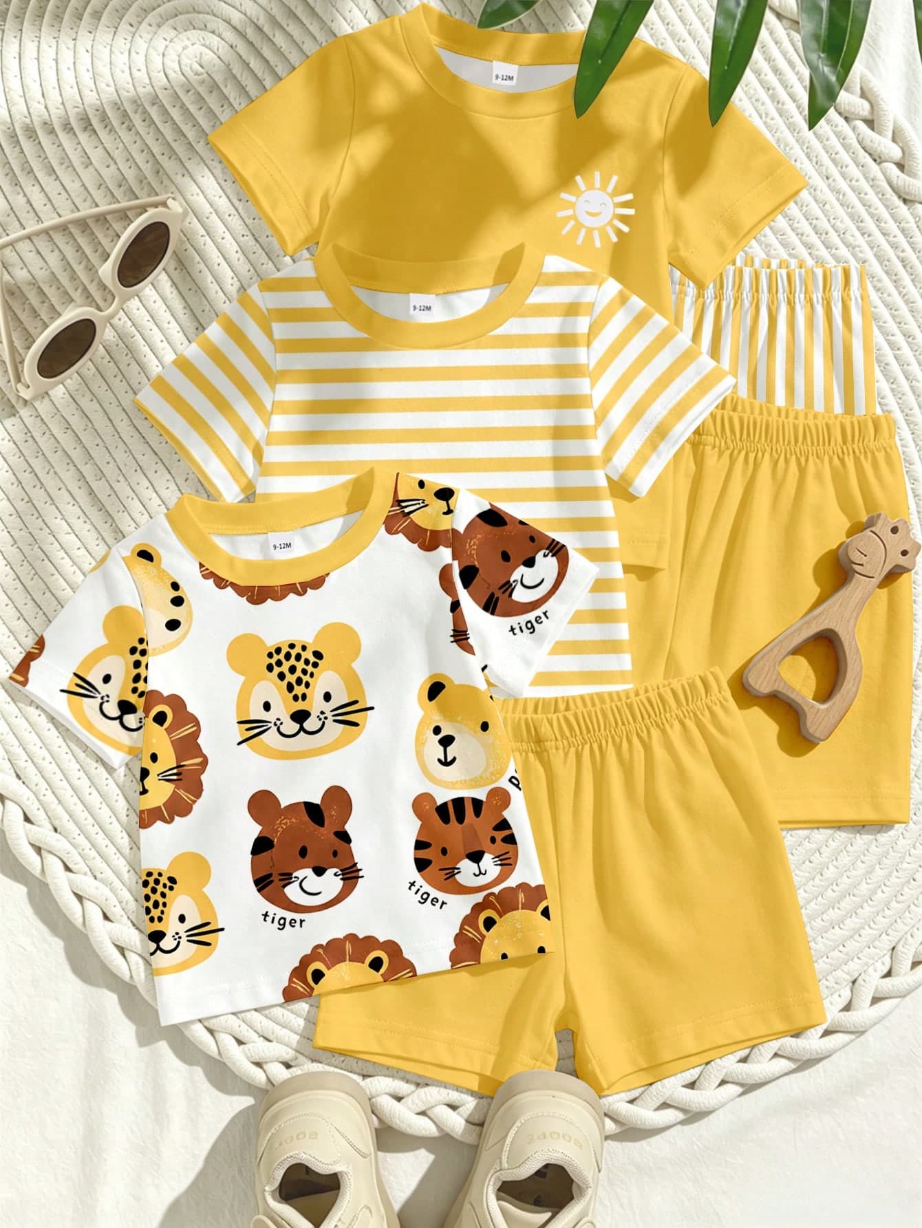 SHEIN Playful Pals 6pcs/Set Baby Boy Outfit,Cute&White,Summer,Casual,Beach,Tiger Pattern,Letter Print Round Neck T-Shirt Paired With Solid Color&Striped Shorts