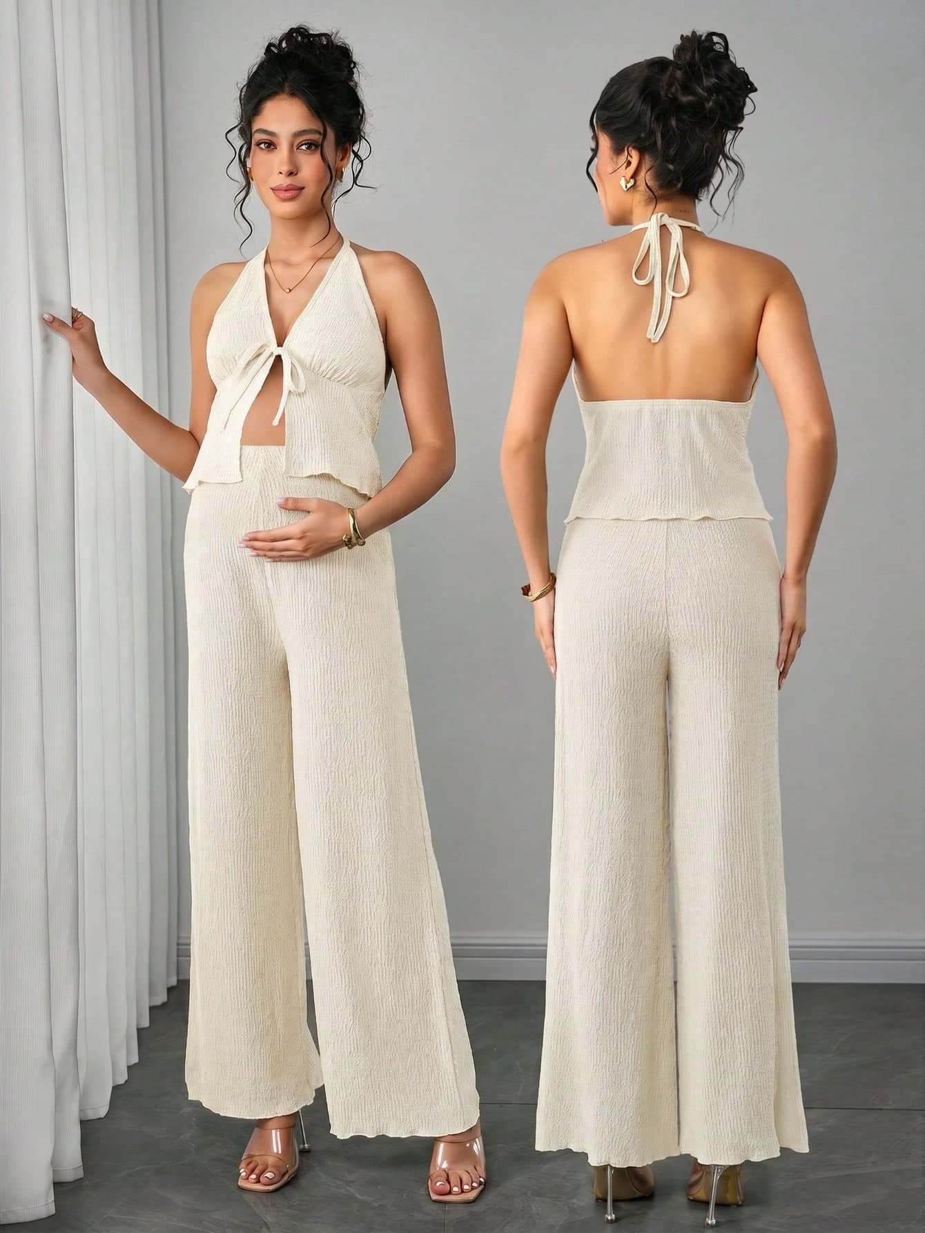 Momance Women's Summer Halter Neck Cardigan Tie Top + Adjustable Waist Pants Maternity 2-Piece Set