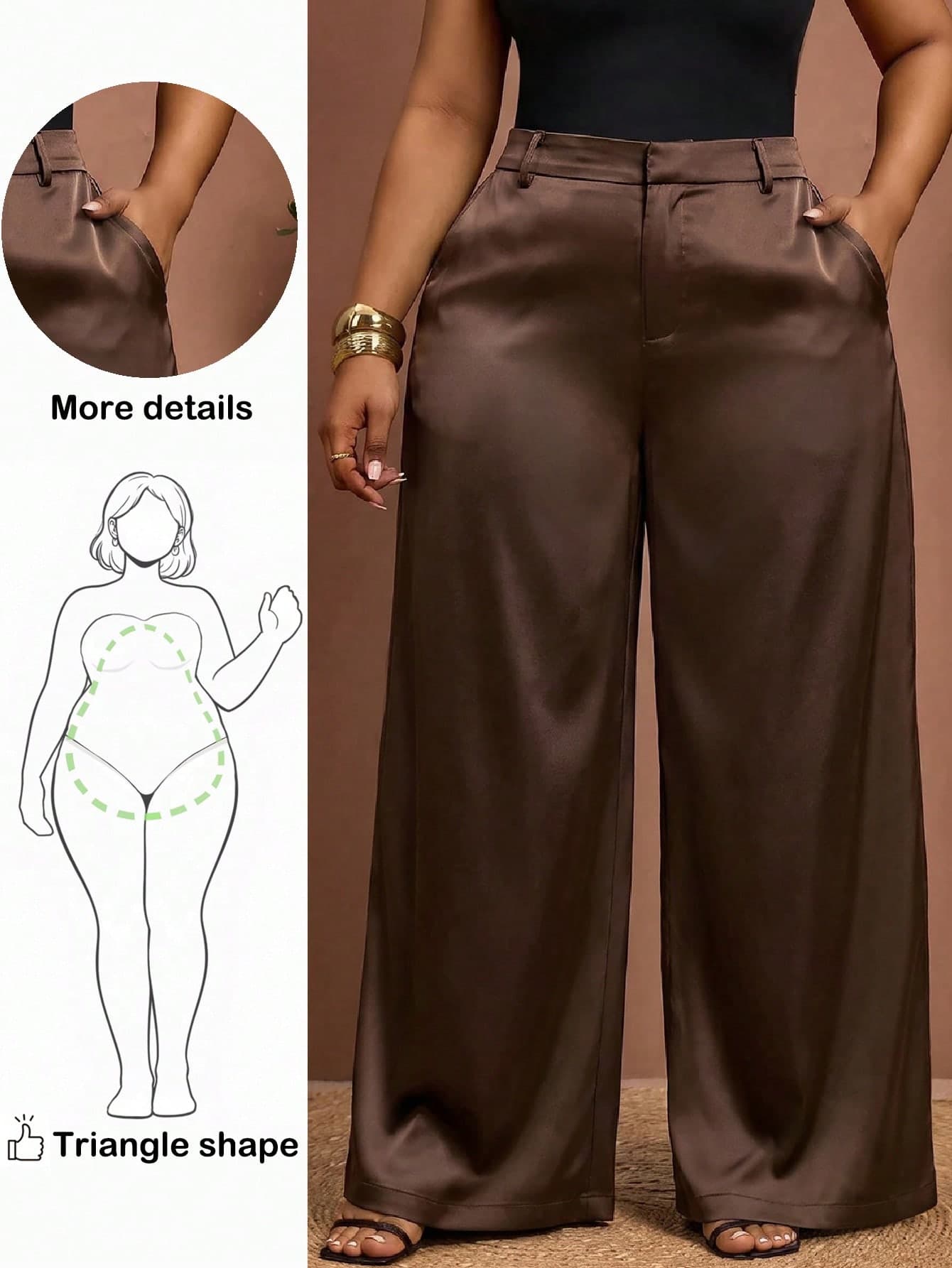 Truni Plus-Size Women's Wrinkle-Resistant Chocolate Brown Satin Straight-Leg Loose-Fitting Pants,Autumn,Elegant,Dinner,Valentine's Day,Pear-Shaped Figures