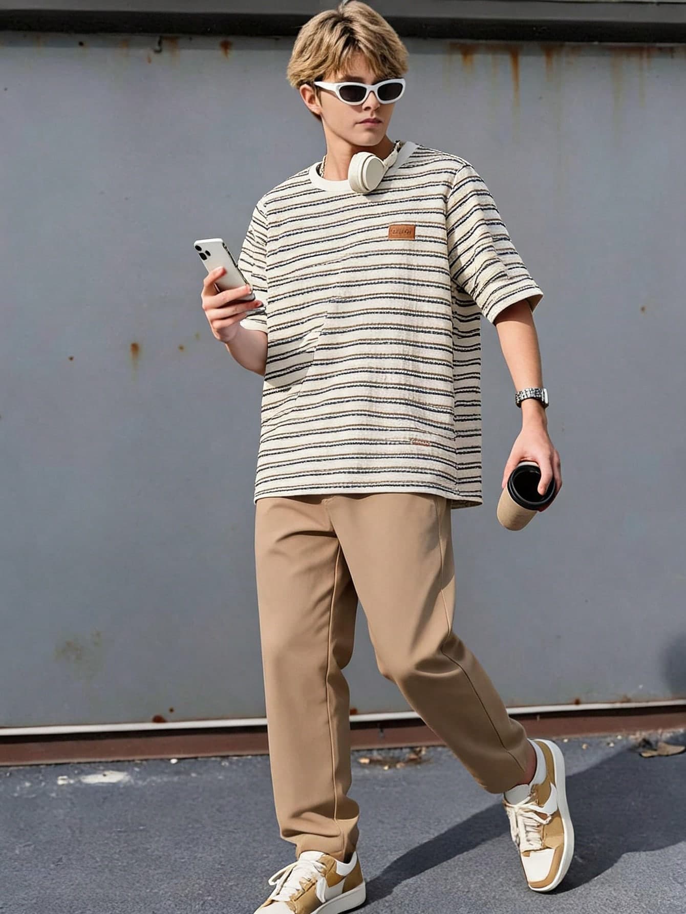 SHEIN 2pcs Teen Boy/Teen Boys Casual Striped Crew Neck Pullover Short Sleeve Loose T-Shirt And Straight Leg Loose Pocket Pants Set