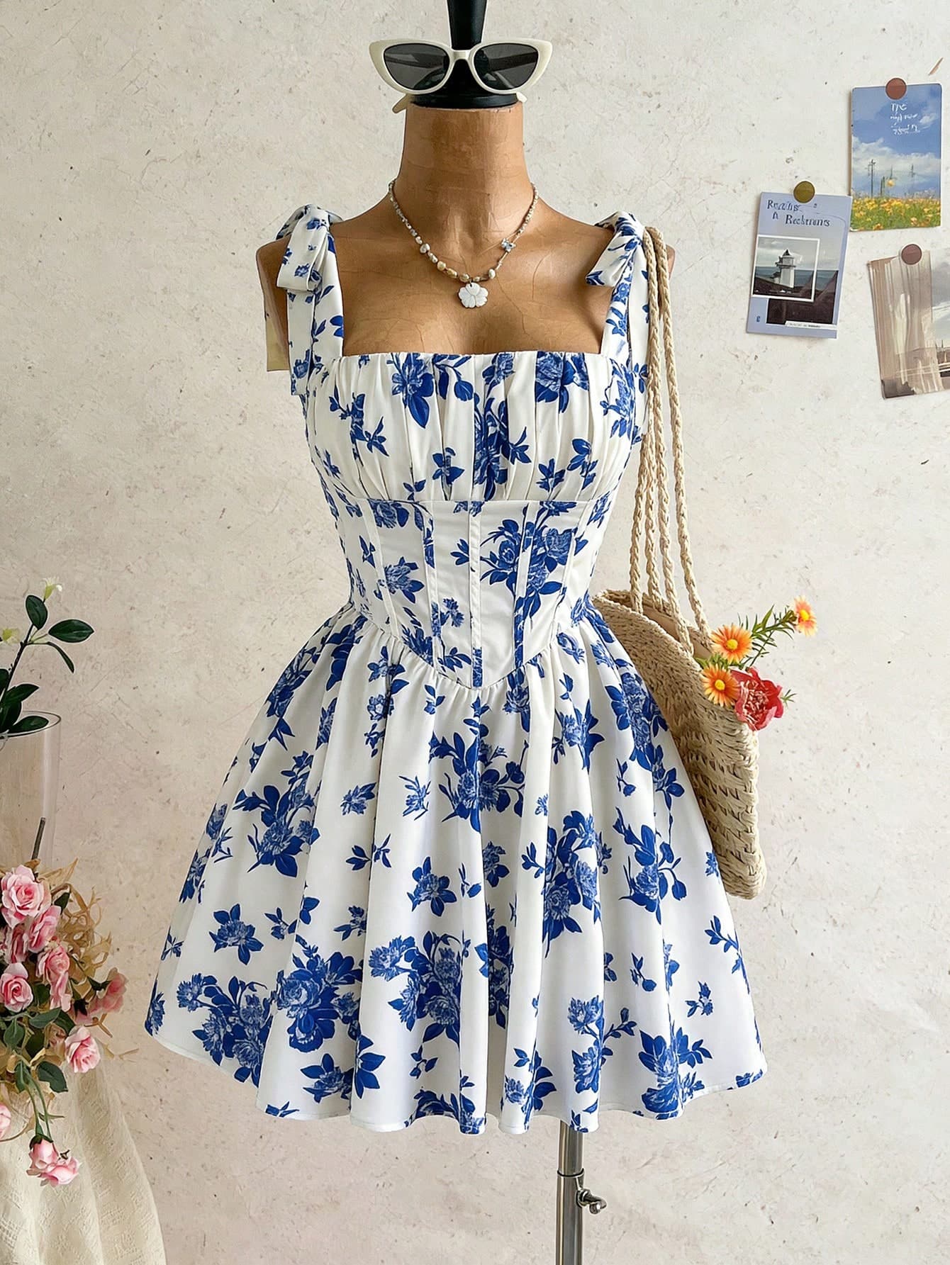 Soleia New Vacation Tie-Up Sweet Cute A-Line Princess Mini Dress, Bohemian, Boho, Romantic Floral, Vacation, Floral For Party, Date, Valentine's Day, Easter, Carnival, Afternoon Tea, Beach, Cruise, City Street Holiday