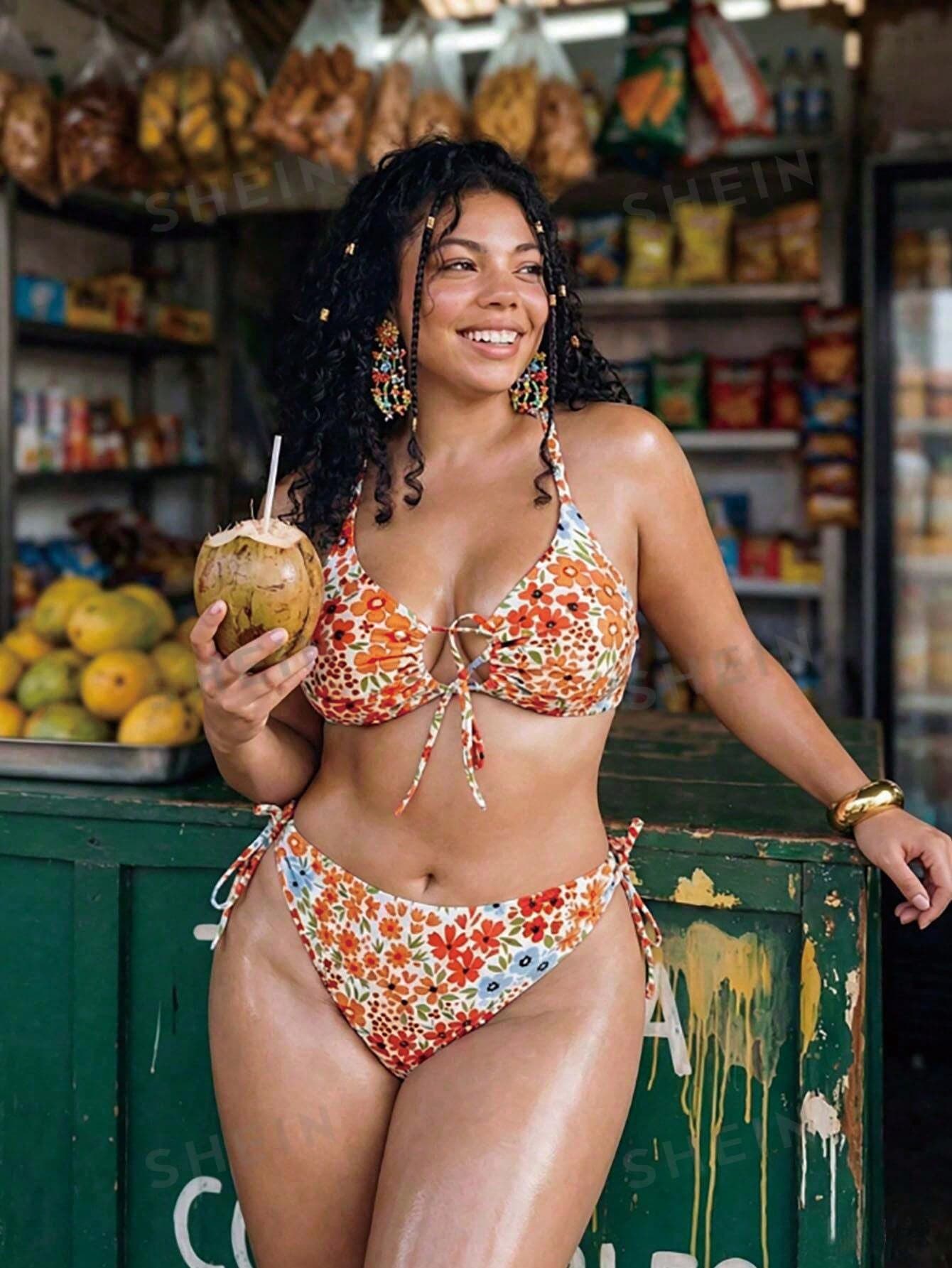 Swim Mod Women's Plus Size Beige 2-Piece Set Spaghetti Strap Tie Front Triangle Bikini Swimwear For Vacation Beach Vacation Summer Boho
