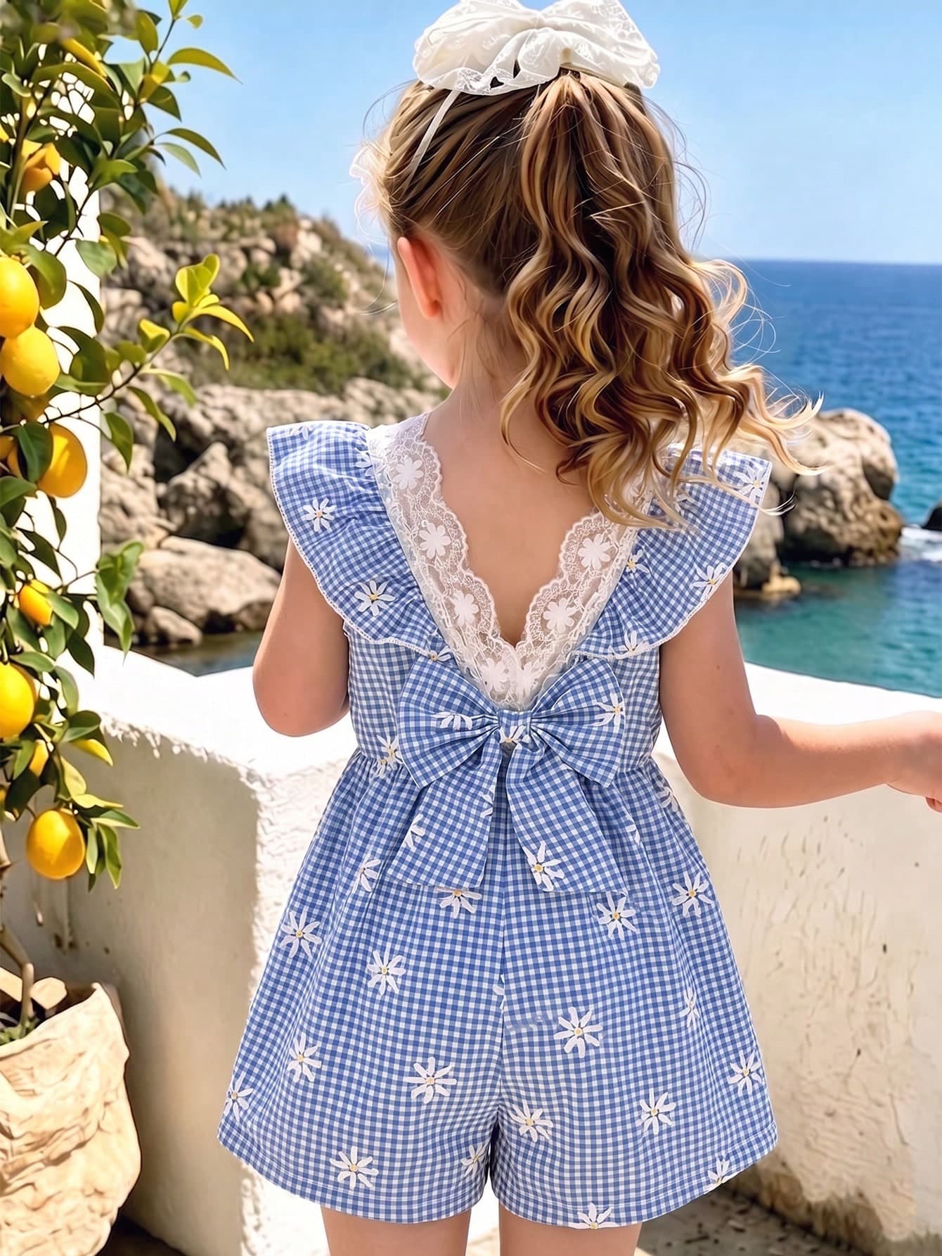 SHEIN Elladie kids Girls' Summer 2025 New Ditsy Floral Ruffle Cap Sleeve V-Neck Cinched Waist Back Bow Decor Open Back A-Line Pastoral Style Fashion Jumpsuit