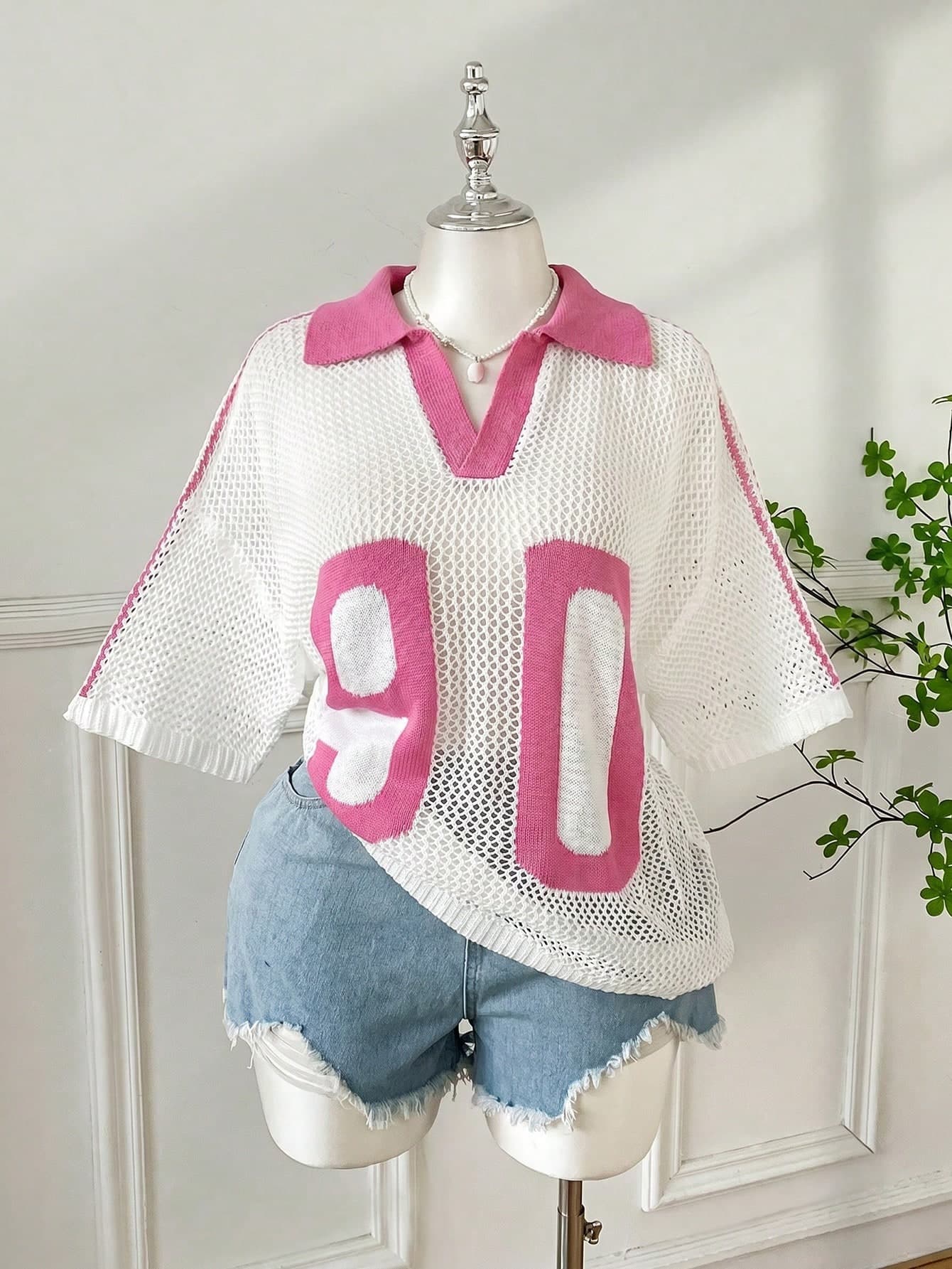 SHEIN EZwear Plus Size Women's Summer Casual Vacation Style Fashion Street Digital Print Colorblock V-Collar Dropped Shoulder Loose Sheer Hollow Knit Top