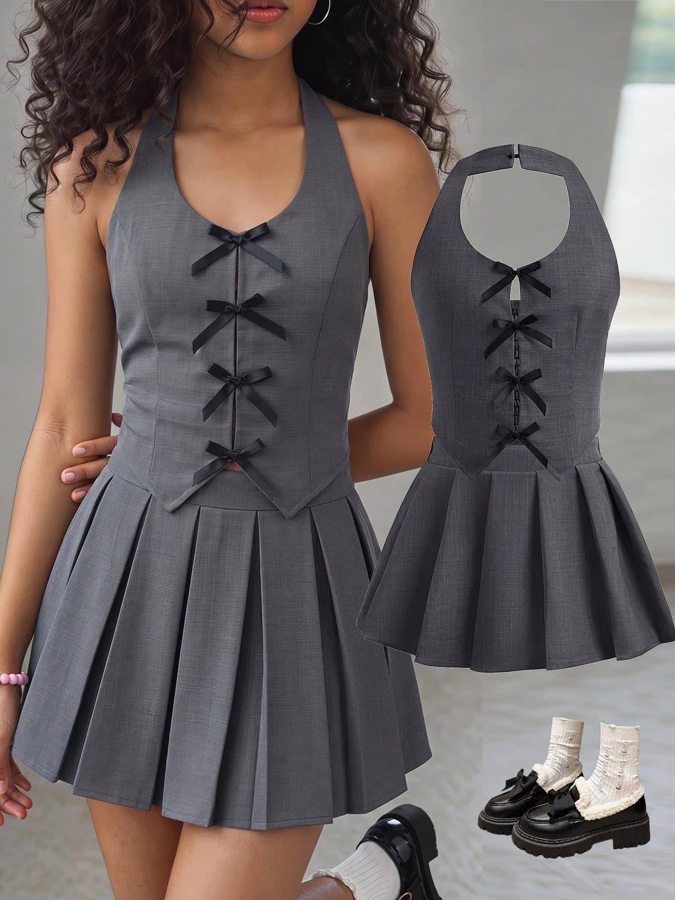 Girlism Kids Tween Girls Y2K Cute Grey Tank Top Co-Ords,Cropped Top Bubble Skirt 2 Pieces Outfit,Elegant Black Summer Casual Back-To-School School