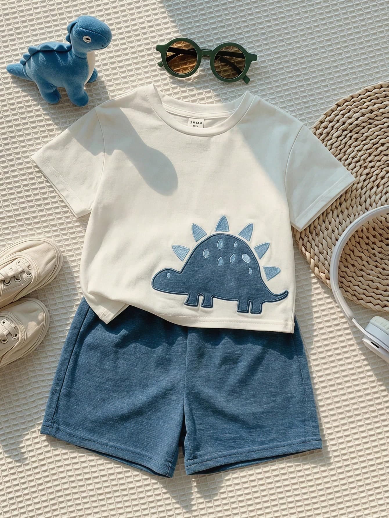 SHEIN 2pcs Toddler Unisex Baby Boy/Girl Casual Cute Dinosaur Embroidered Short Sleeve T-Shirt And Shorts Set, Baby Boy Outfit Sets, Baby Boy Summer Clothes
