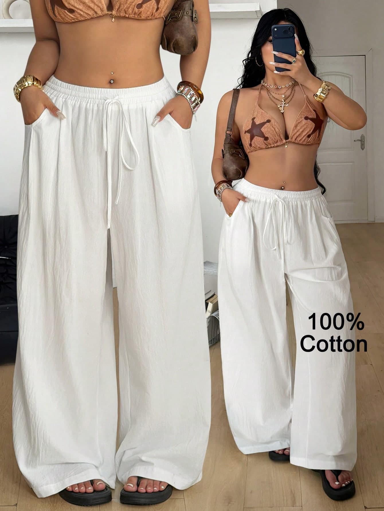 Coolane Women's Plus Size Summer Going Out Vacation Beach Holiday Casual Eleganza Boho Drawstring Waist Cotton Loose High-Waist White Pants