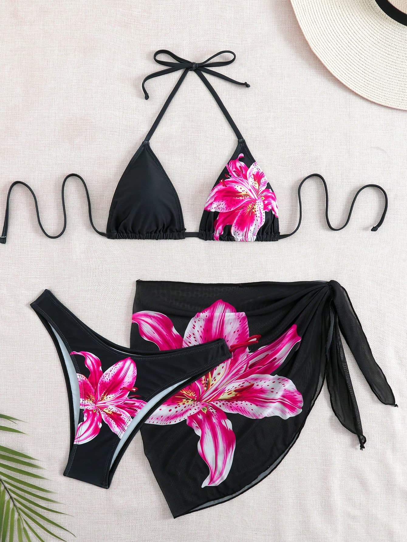 Swim Vcay Women's Summer Vacation Beach Floral Print Halter Bikini Set And Cover-Up Skirt, Random Print, 3-Piece Set