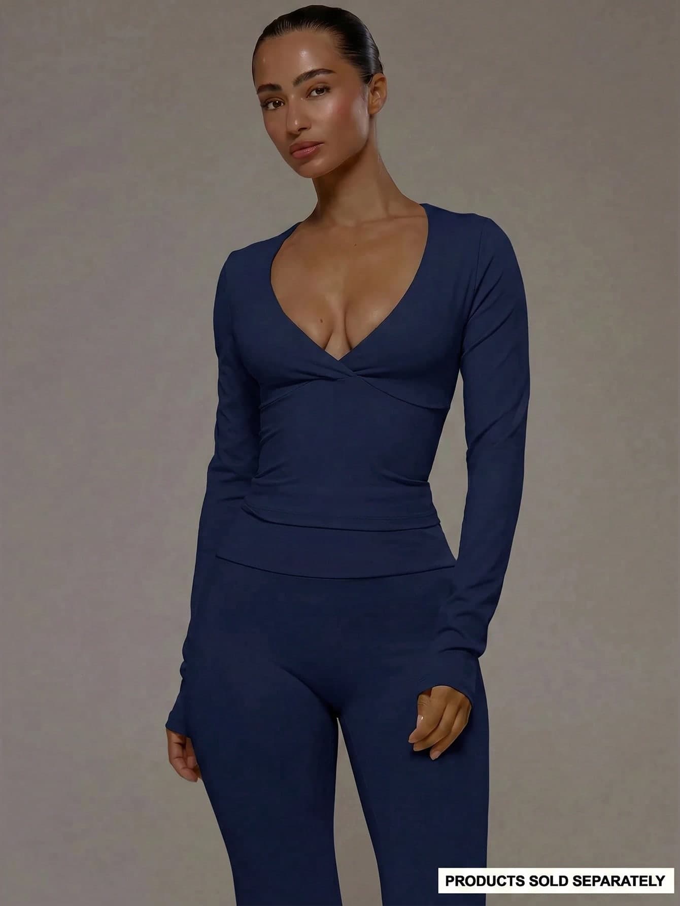 Musera Sport Wrap Front V-Neckline Doule Layered Long Sleeve Active Top Only Sport Workout Gym Pilates Fitness Daily Casual