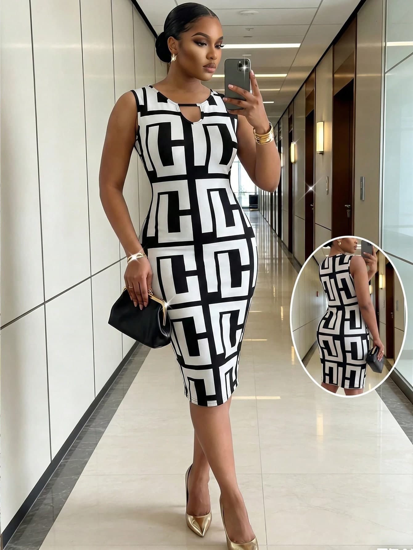 SHEIN Lady Plus Size Black And White Geometric Print Keyhole Neck Bodycon Sleeveless Dress Party Evening Formal Cocktail Office Summer Elegant
