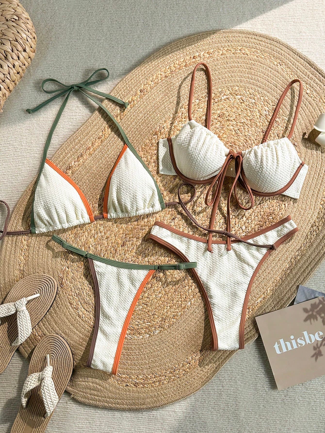Swim Mod 26summer Textured Fabric Underwire Swimsuit 4pcs Set Beach Vacation White Tropical