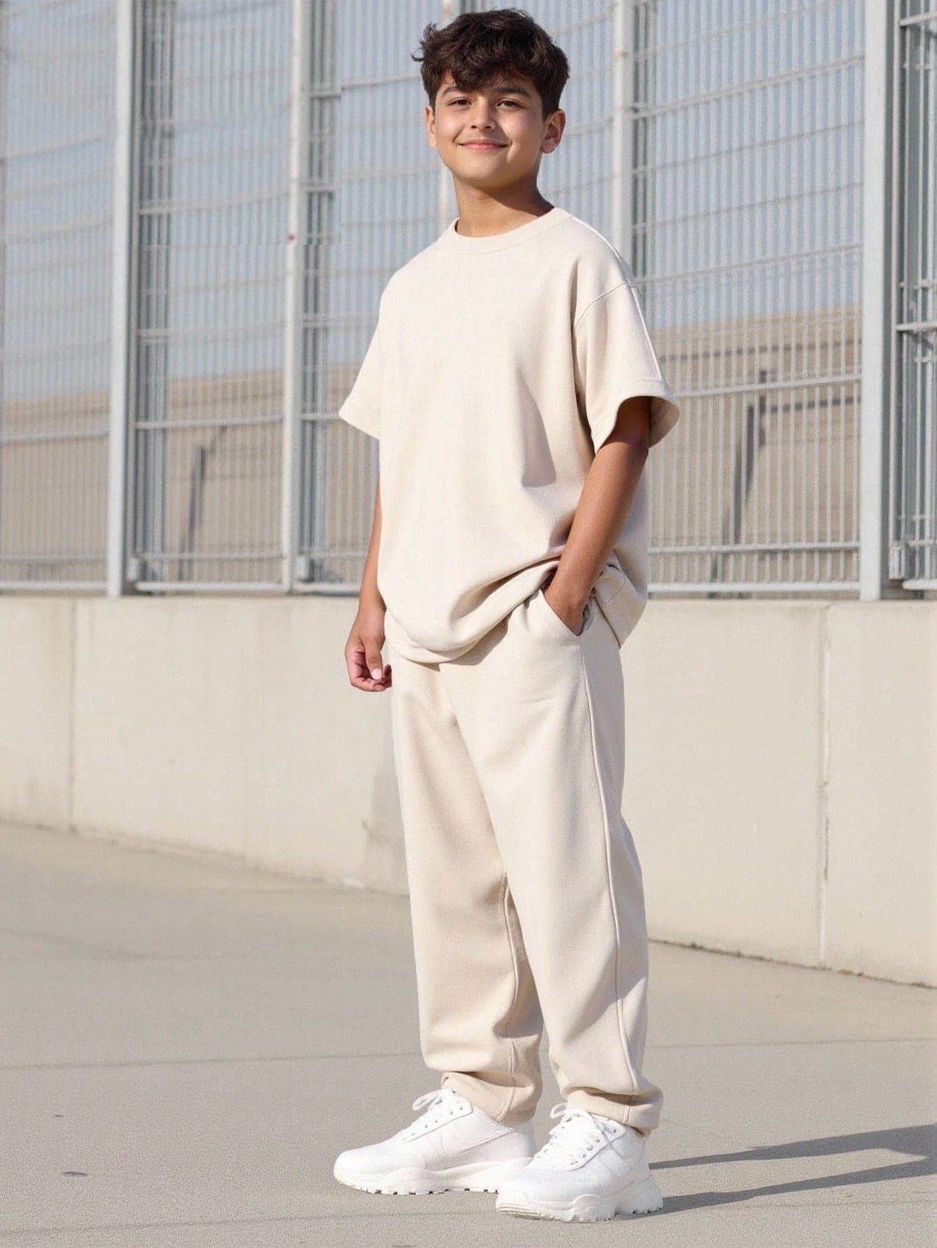 Vacaura 2pcs/Set Boys Casual White Summer City Break Oversize Round Neck Pullover Top With Dropped Shoulder,Plain Straight Leg Pants Comfortable Fabric Set