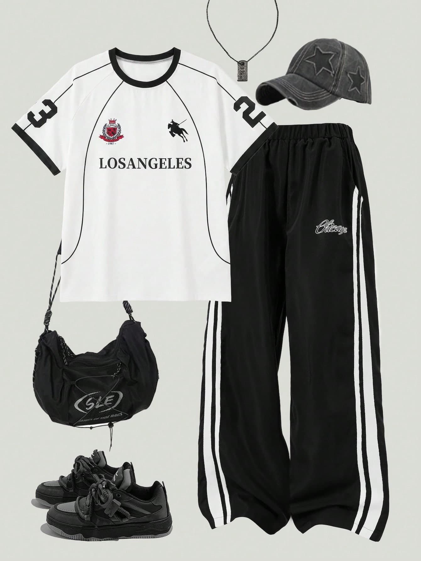 SHEIN Teen Boys' 2-Piece Streetwear Outfit Set, "LOS ANGELES" Graphic Soccer Jersey Style T-Shirt & Side Stripe Wide Leg Pants, Casual Hip Hop Sportswear