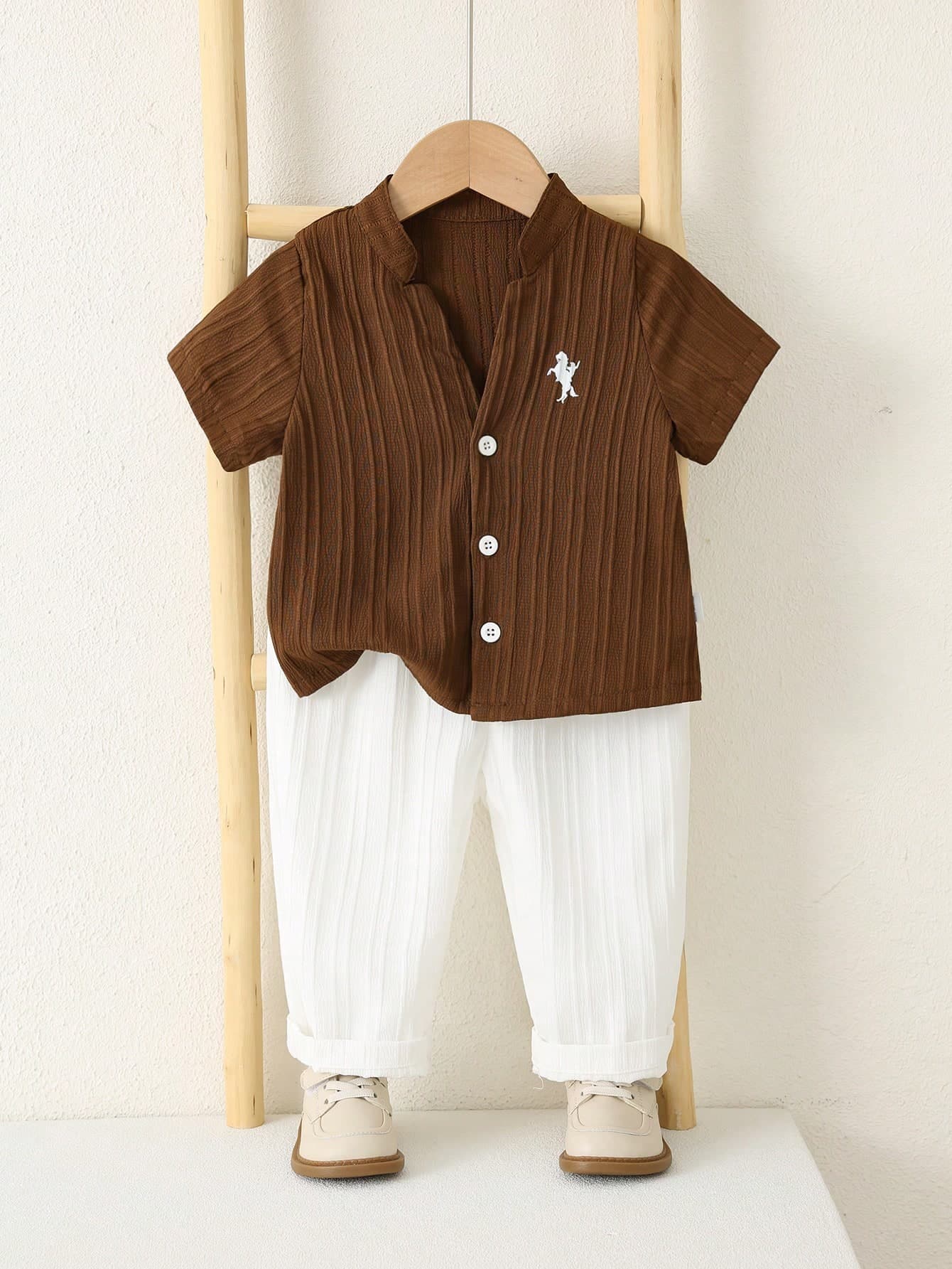 SHEIN Unisex Baby Boy/Girl Baby Boy 2pcs Spring/Summer Casual Vacation Style Striped Stand Collar Short Sleeve Shirt And Long Pants Set, Baby Boy Outfit Sets, Baby Boy Summer Clothes